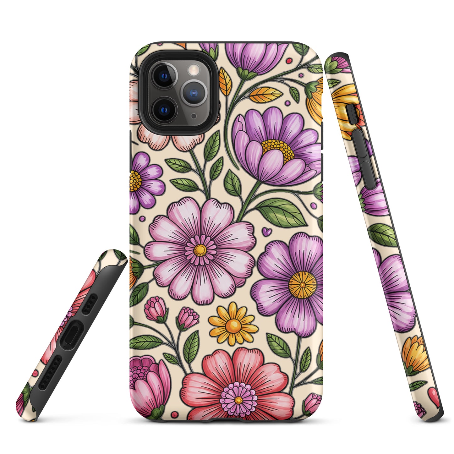 Phone Case for iPhone with pastel floral design showcasing pink, peach, lavender, and yellow flowers on a protective shell.