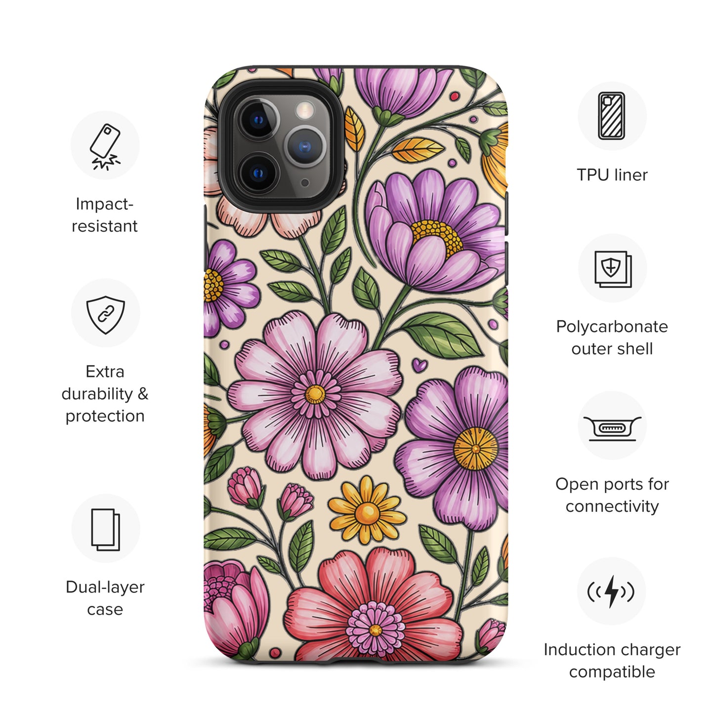 Phone Case for iPhone with pastel floral design, featuring pink, peach, lavender, and yellow flowers on a protective dual-layer case.