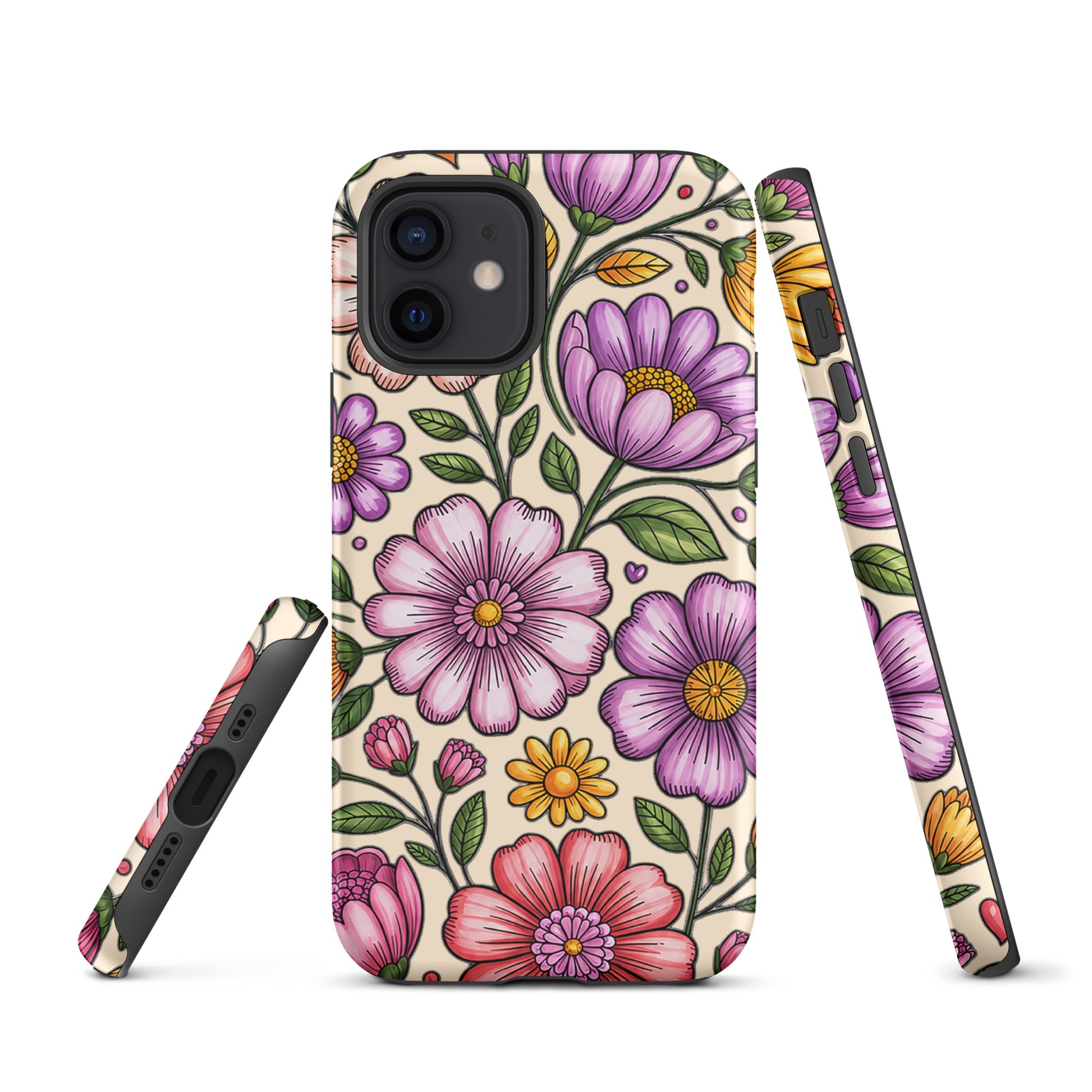 Phone Case for iPhone with pastel floral design featuring soft pink, peach, lavender, and yellow flowers on durable polycarbonate shell.