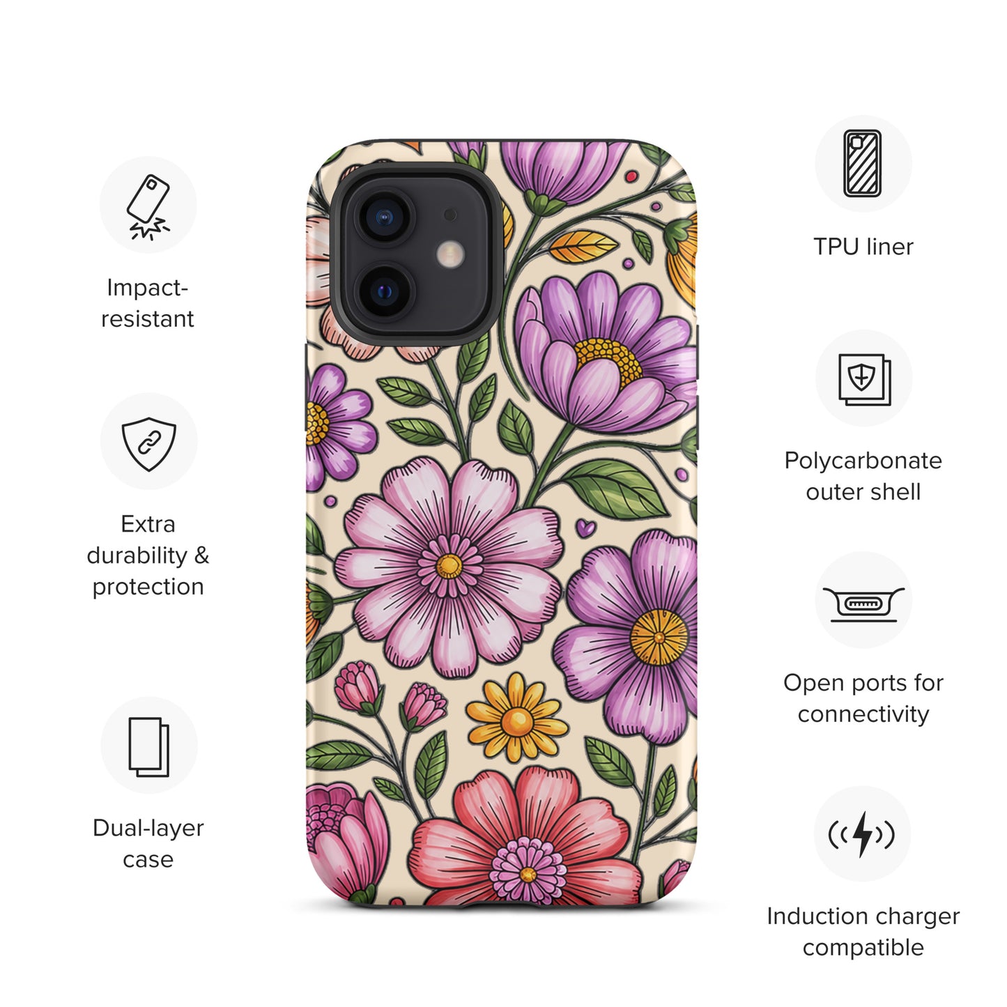 Phone Case for iPhone with pastel floral design showcasing impact-resistant dual-layer protection and style.