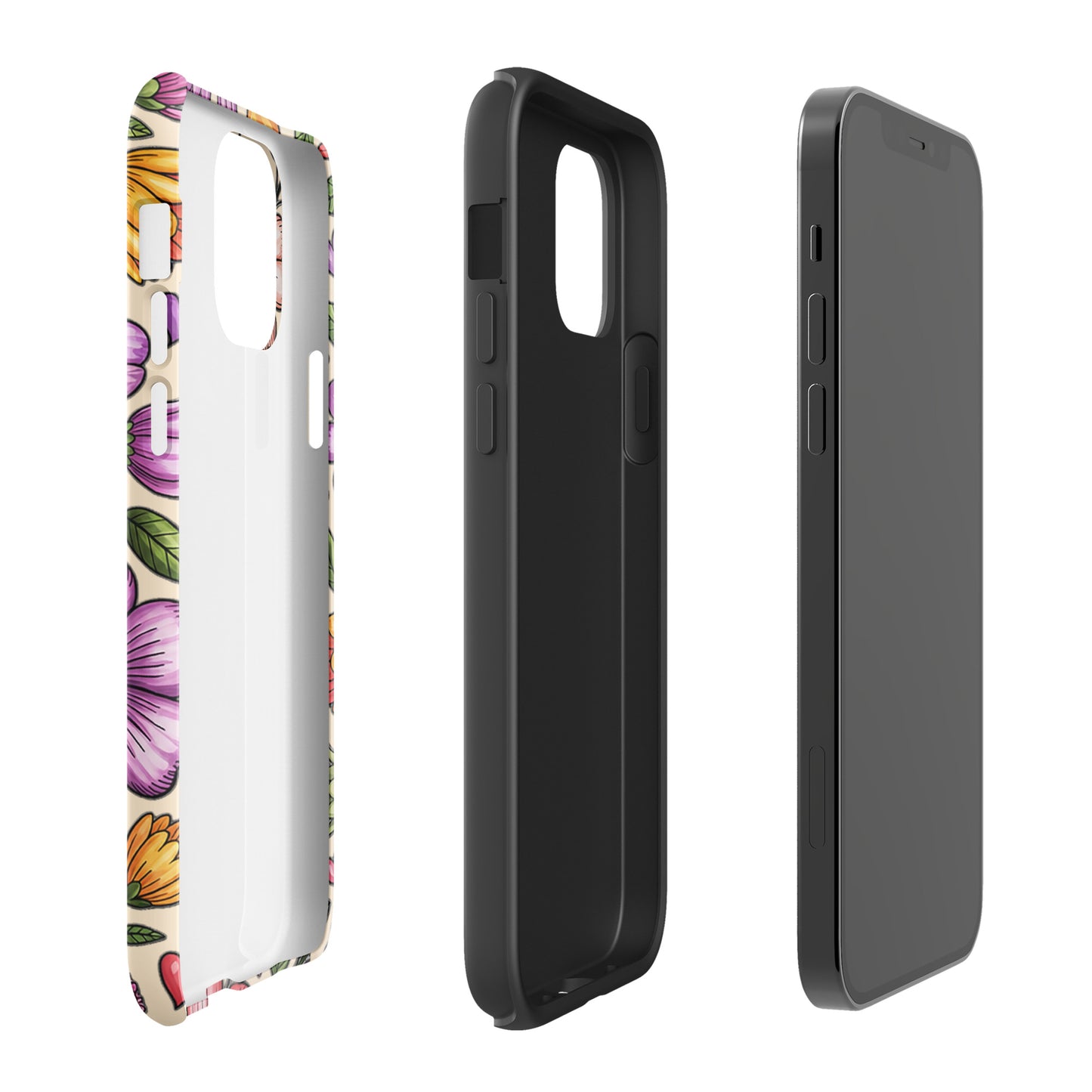 Phone Case for iPhone with pastel floral design showcasing dual-layer construction for style and durability.
