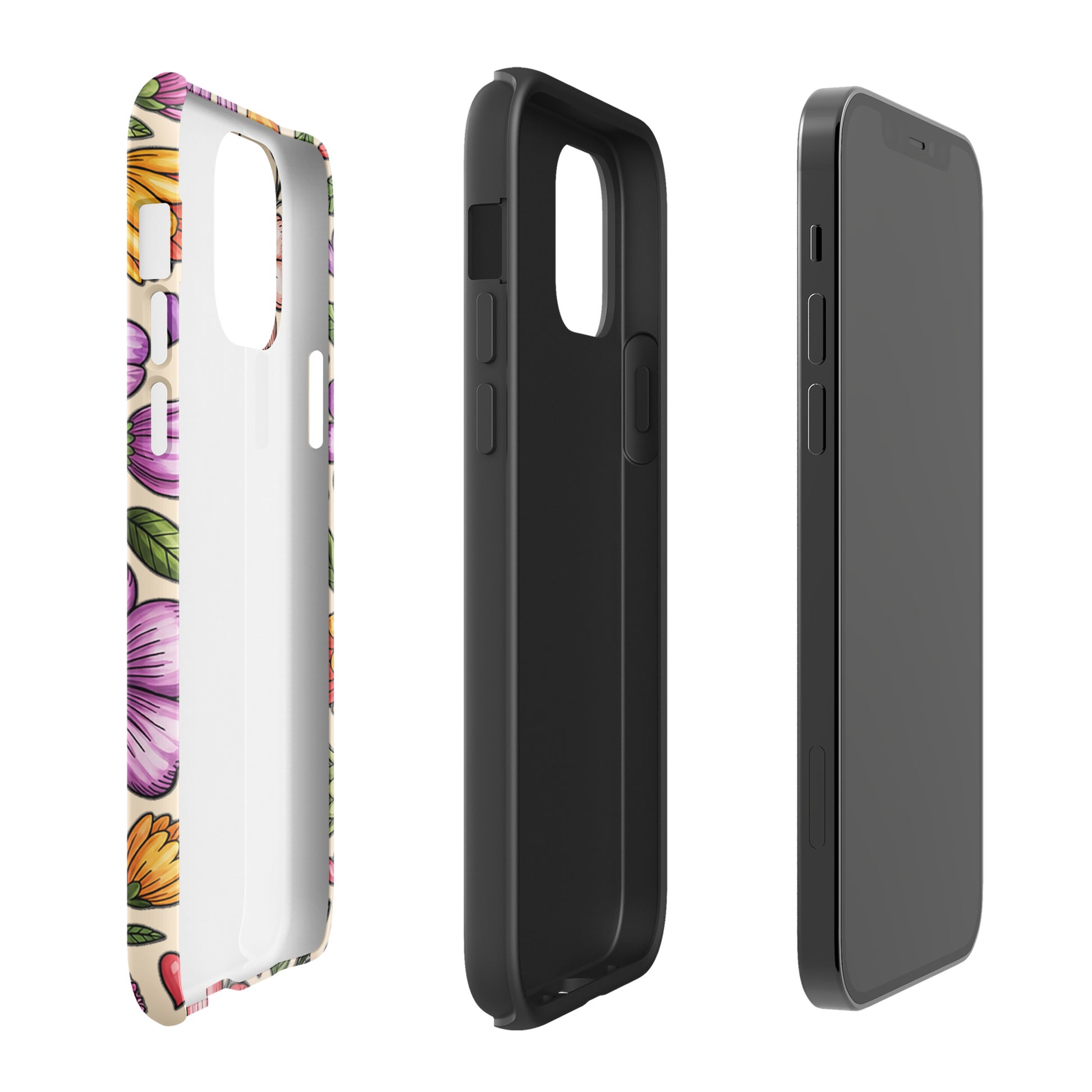 Phone Case for iPhone with pastel floral design showcasing dual-layer construction for style and durability.
