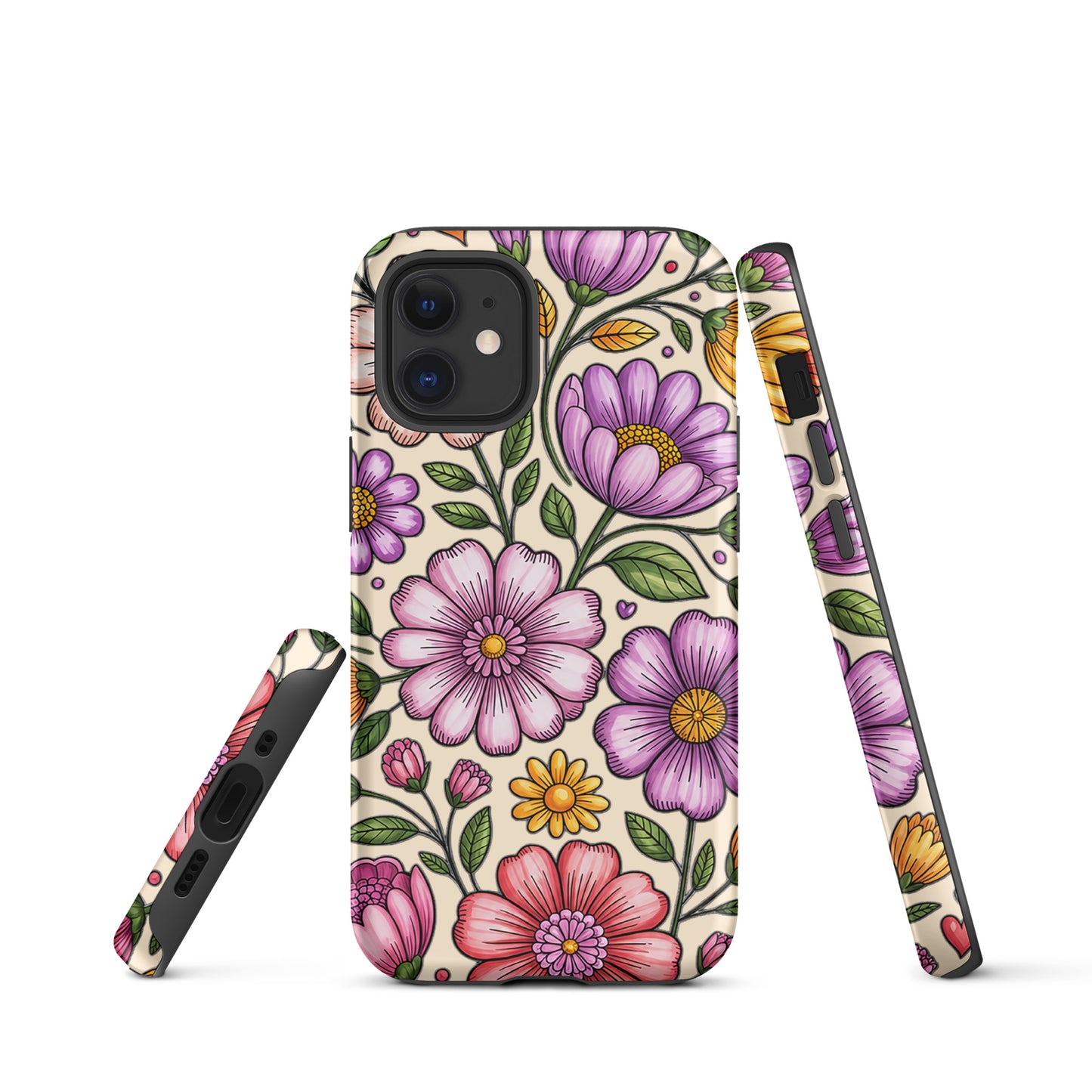 Phone Case for iPhone with pastel floral design in soft pinks, peaches, lavenders, and yellows on a sturdy dual-layer construction.