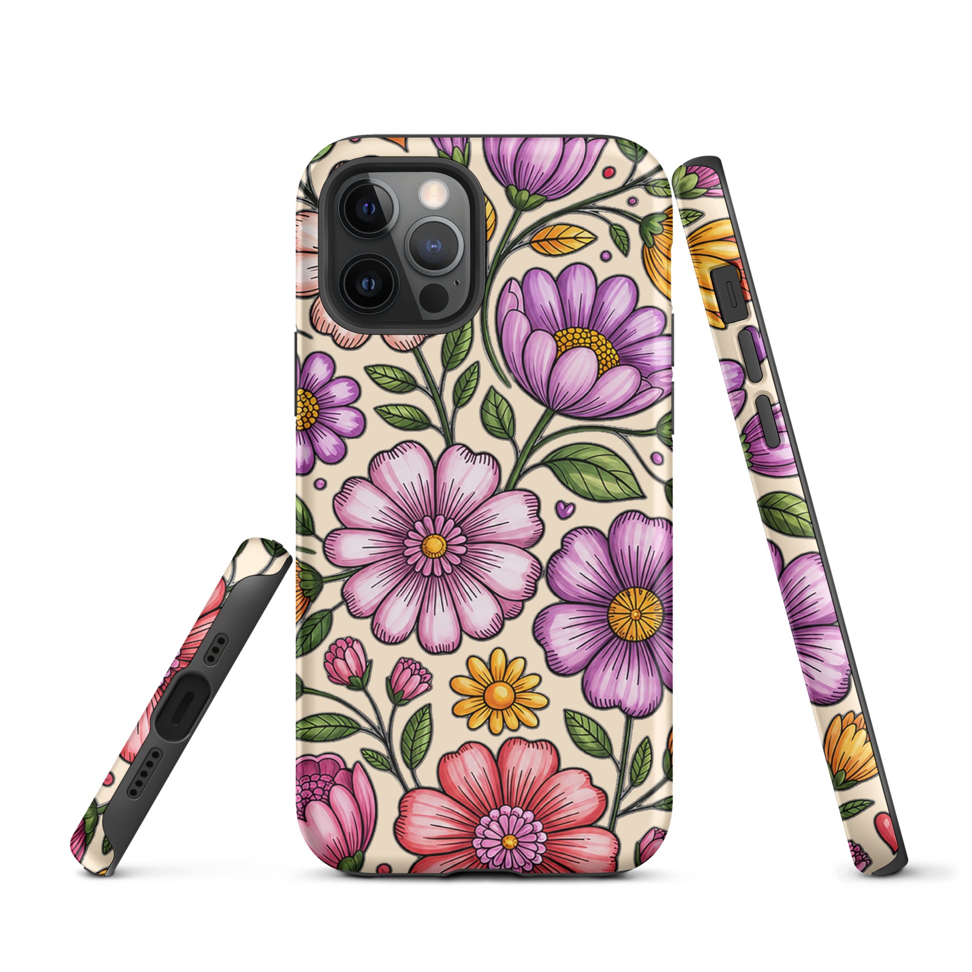 Phone Case for iPhone with pastel floral design showcasing pink, peach, lavender, and yellow flowers on a strong polycarbonate shell.
