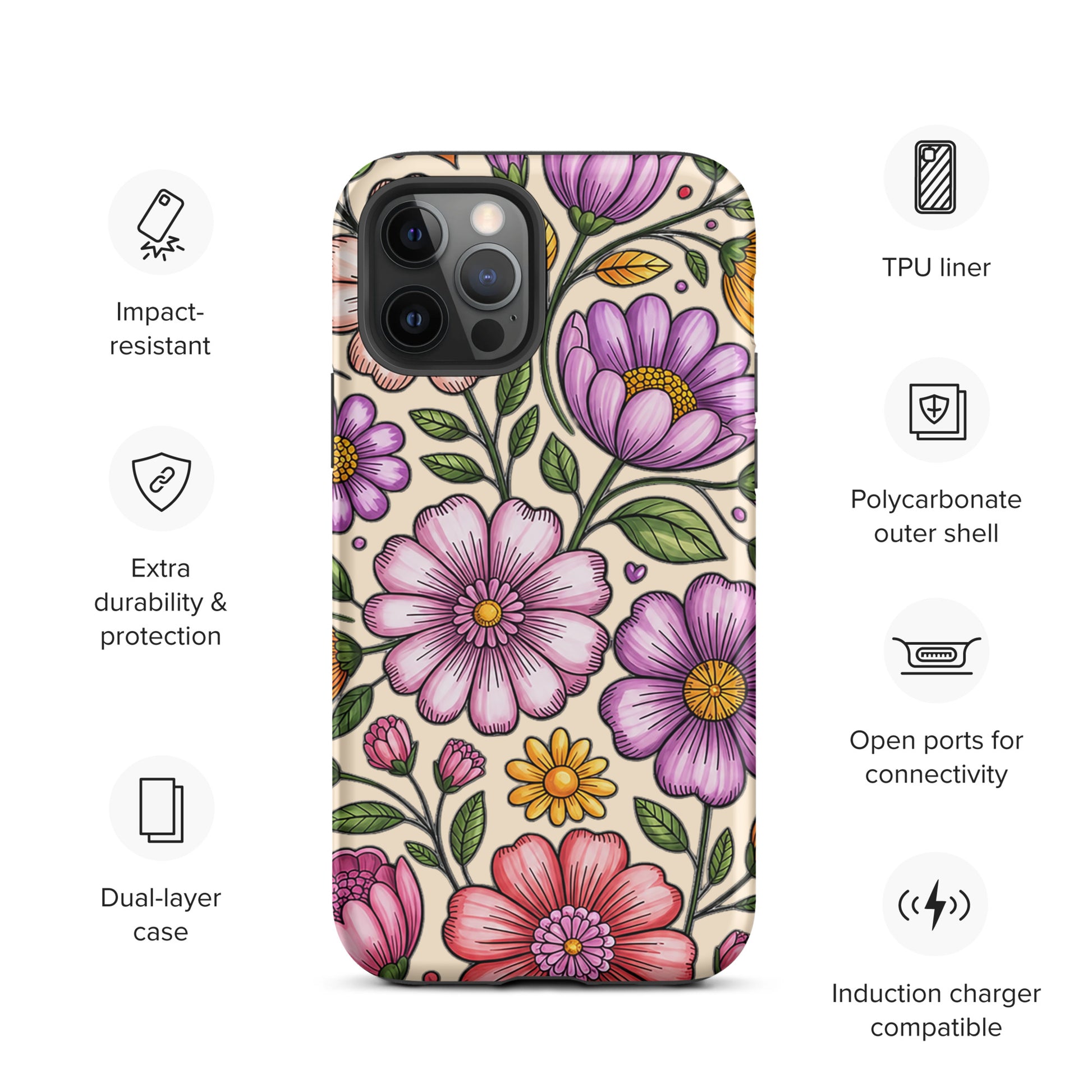 Phone Case for iPhone with pastel floral design, impact-resistant protection, and dual-layer durability.