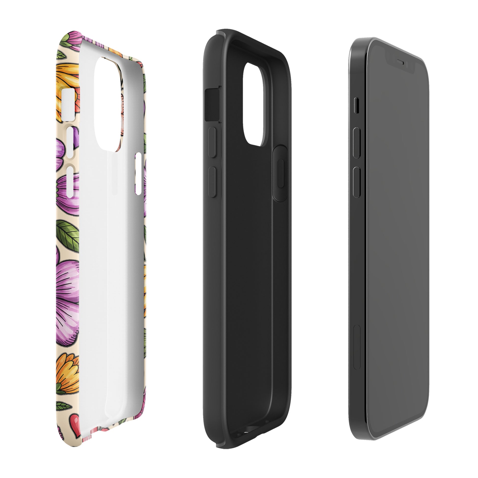 Phone Case with pastel floral design showcasing front and back views, highlighting iPhone compatibility and durable dual-layer construction.