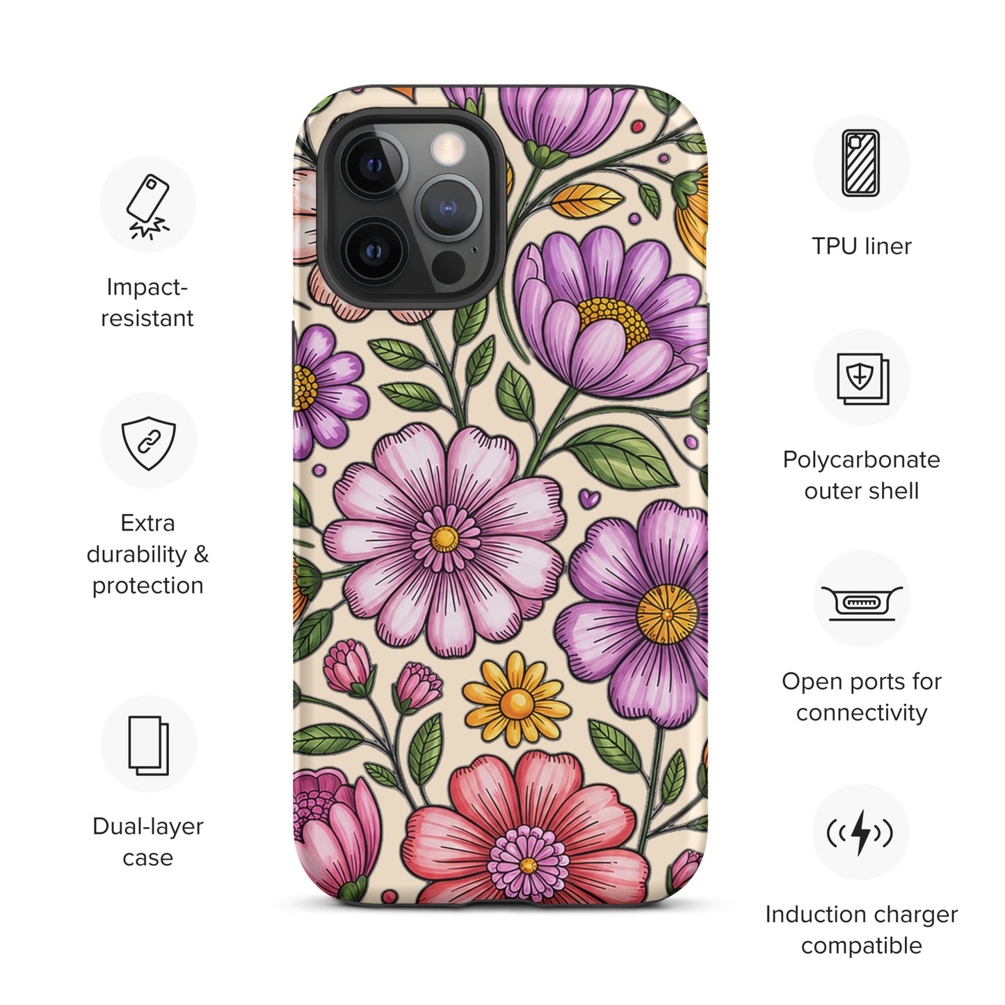 Phone Case for iPhone with pastel floral design, dual-layer protection, polycarbonate shell, and TPU liner, impact-resistant.
