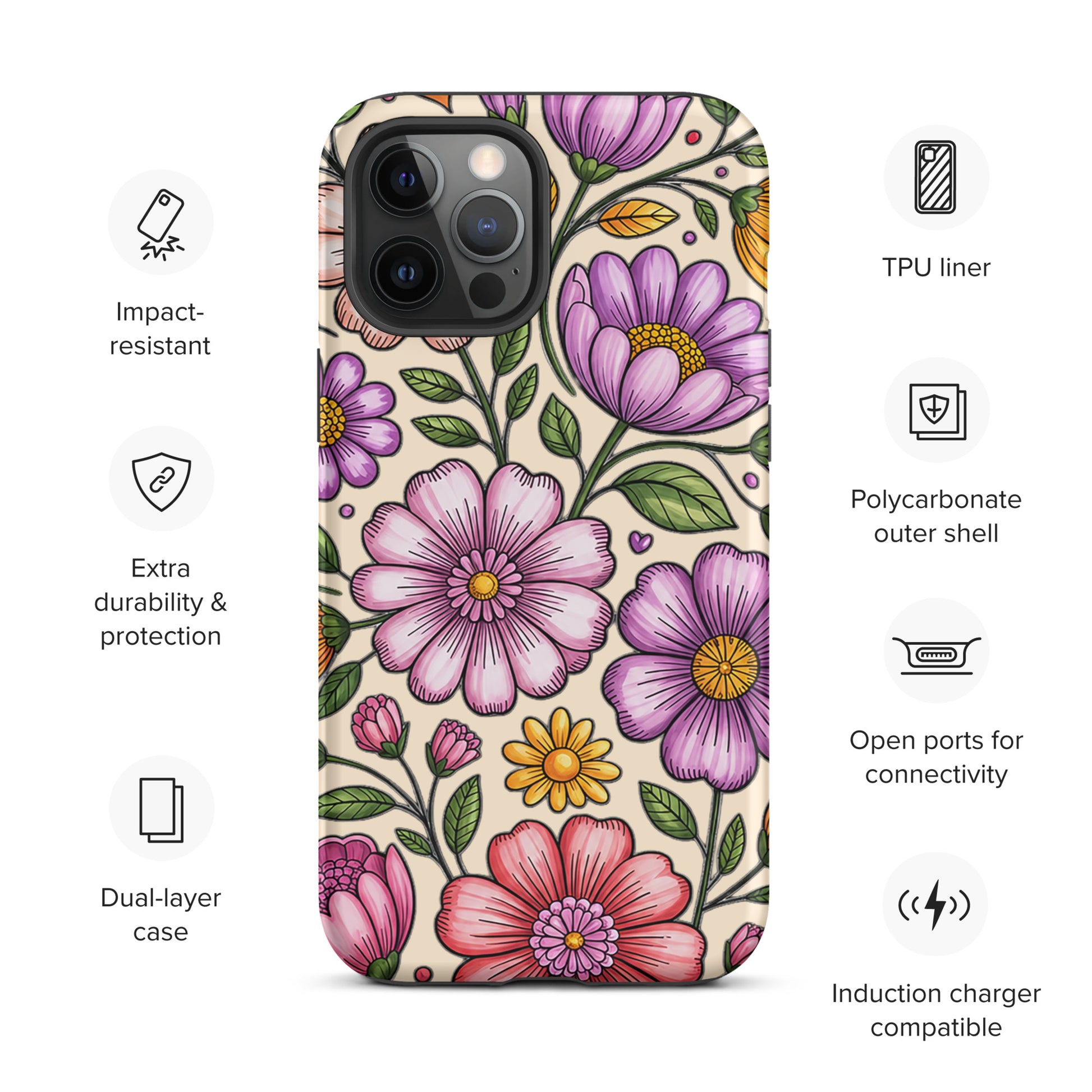 Phone Case for iPhone with pastel floral design, dual-layer protection, polycarbonate shell, and TPU liner, impact-resistant.