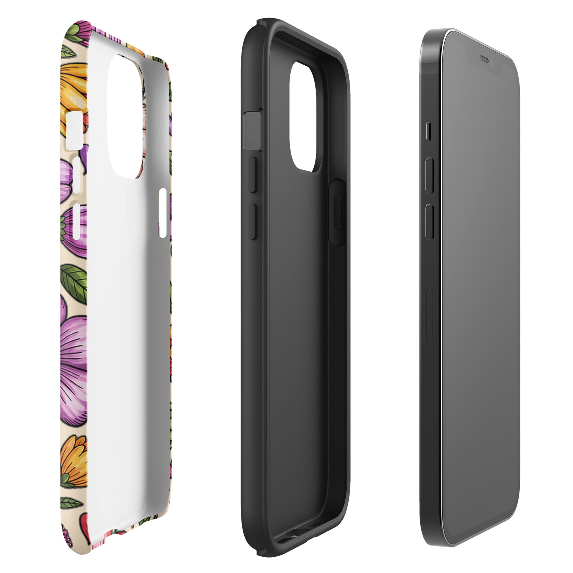 Phone Case for iPhone with pastel floral design, featuring soft pinks, peaches, lavenders, and dual-layer construction for durability.