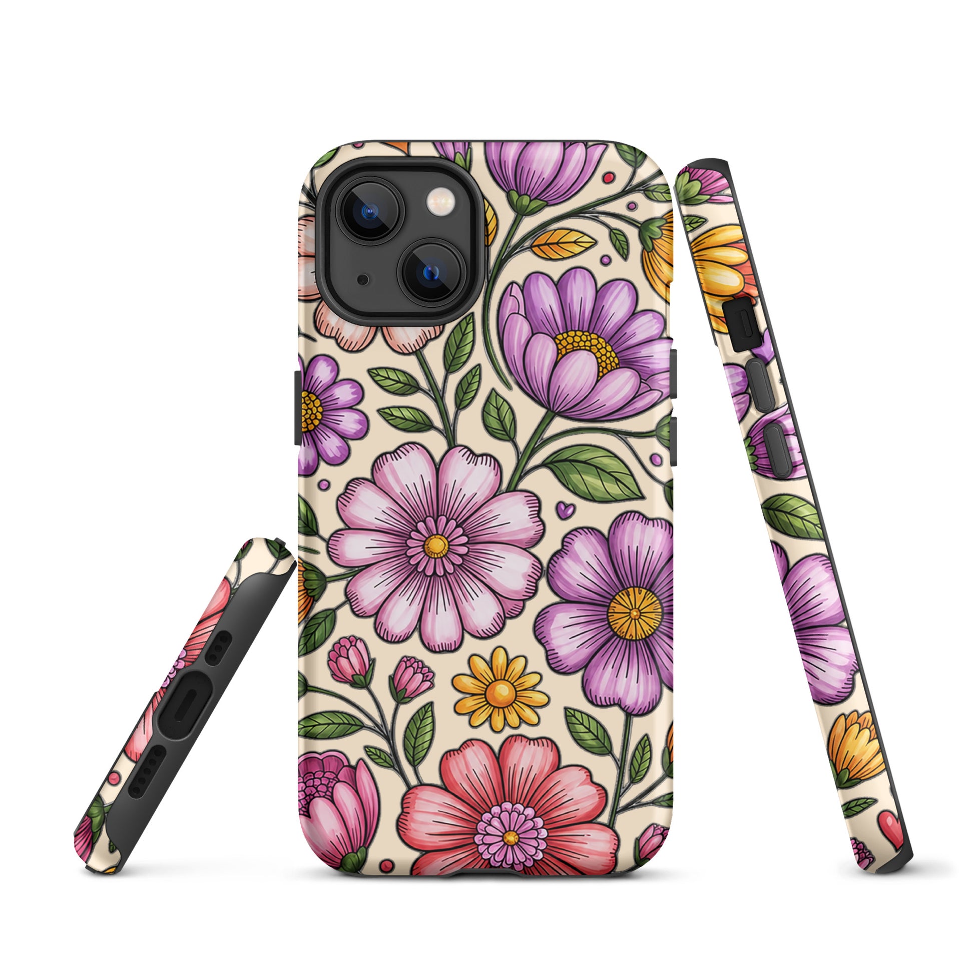 Phone Case for iPhone with pastel floral design showcasing soft pinks and lavenders, featuring dual-layer protection.
