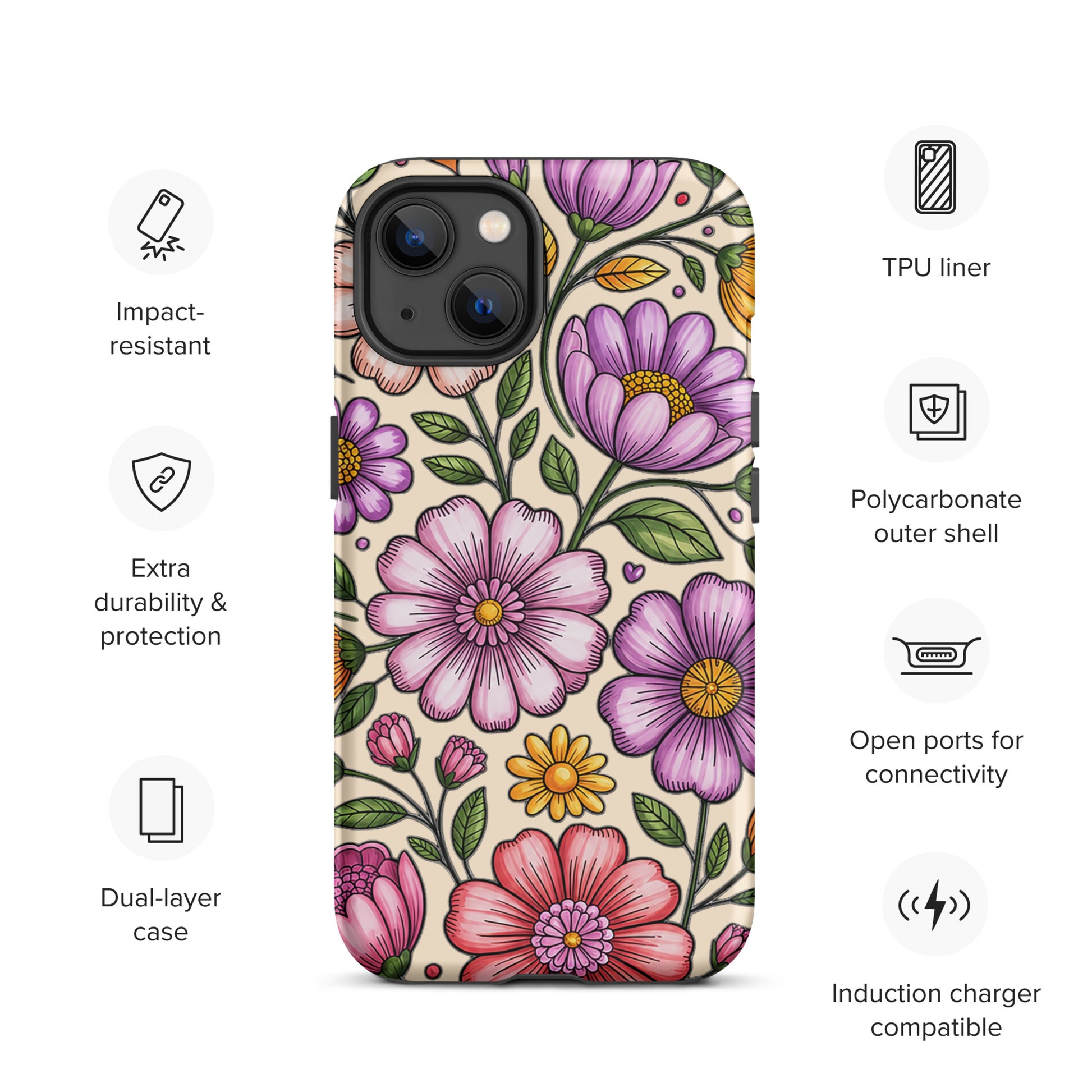 Phone Case for iPhone with pastel floral design featuring pink, peach, lavender, and yellow flowers on durable polycarbonate shell.