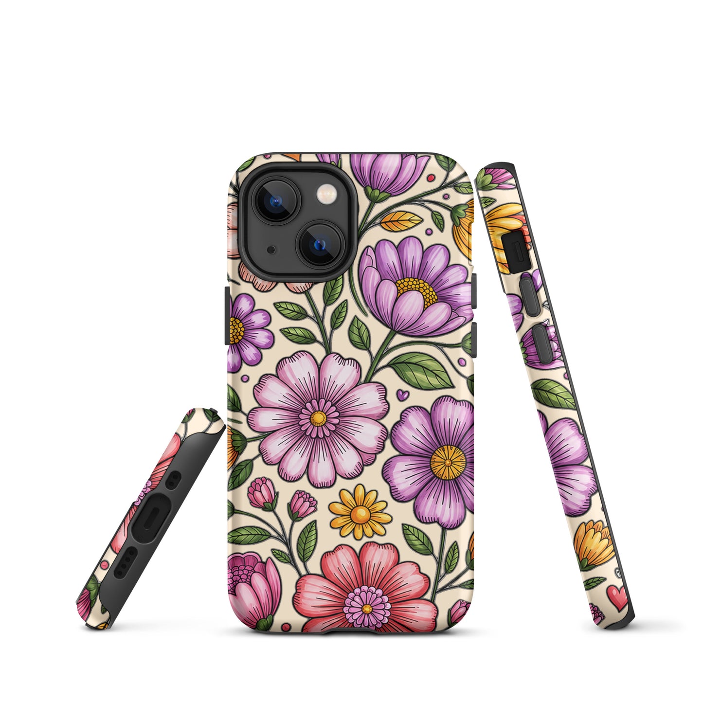 Phone Case for iPhone with pastel floral design showcasing pink, purple, and yellow flowers on a durable dual-layer construction.
