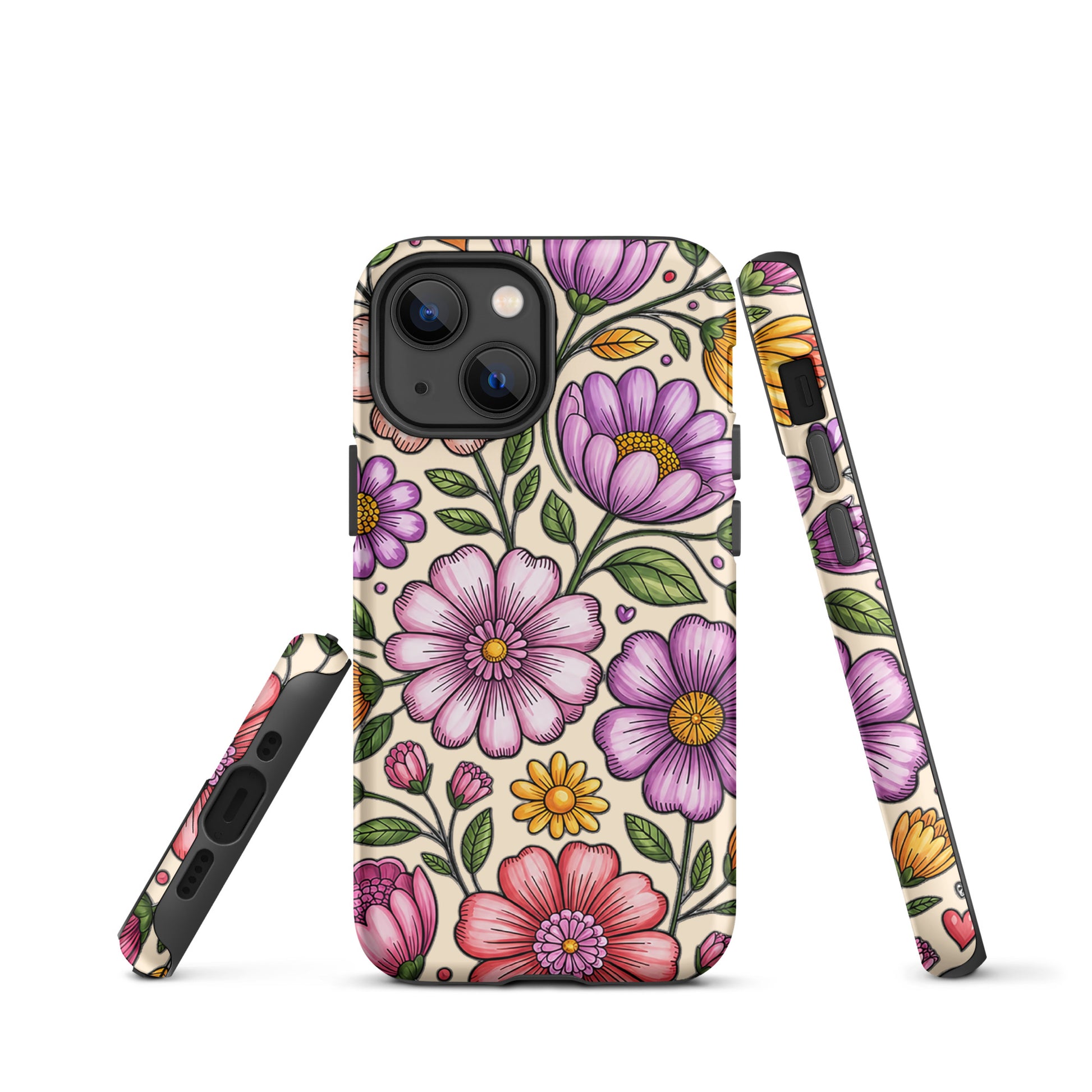 Phone Case for iPhone with pastel floral design showcasing pink, purple, and yellow flowers on a durable dual-layer construction.