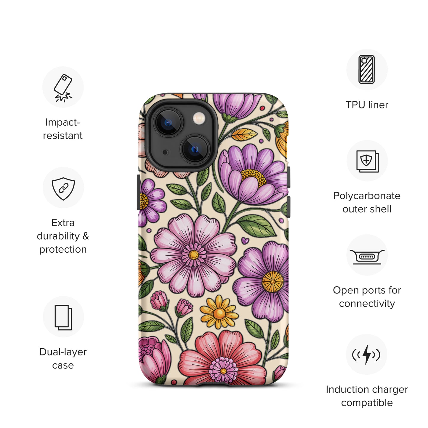 Phone Case for iPhone with pastel floral design, featuring pink, peach, lavender flowers on a durable polycarbonate dual-layer shell.