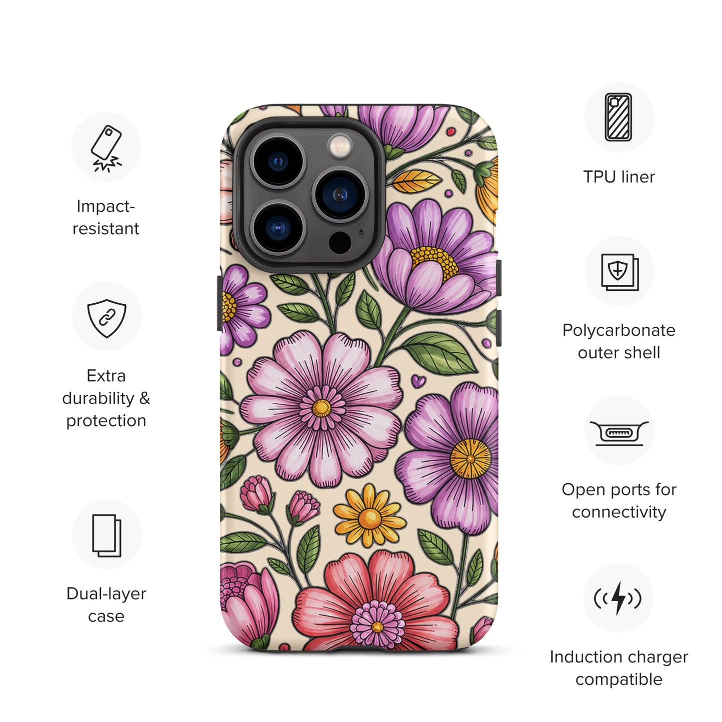 Phone Case for iPhone with pastel floral design, featuring impact-resistant dual-layer protection and polycarbonate outer shell.