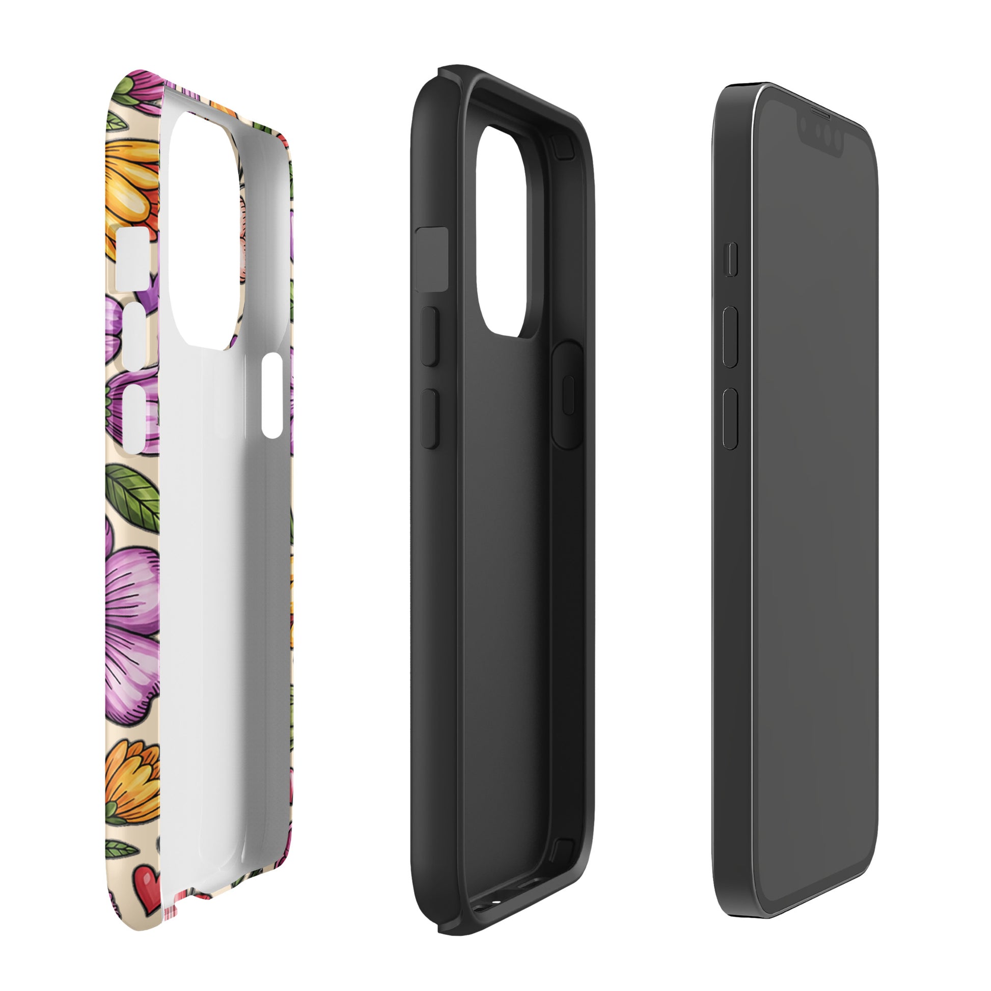 Phone Case with pastel floral design in three views showing dual-layer construction for impact resistance.
