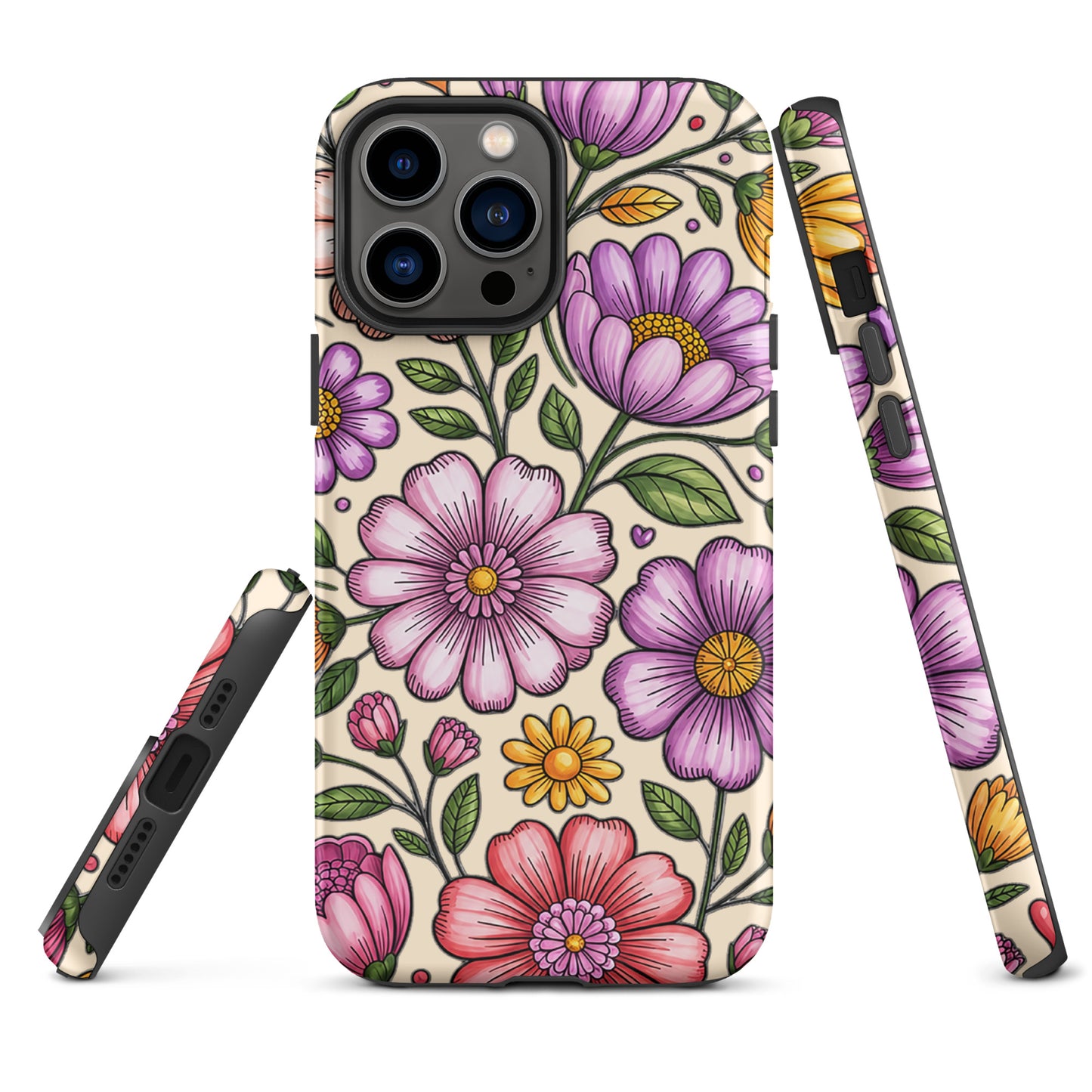 Phone Case for iPhone with pastel floral design, featuring spring-inspired pink, peach, lavender, and yellow flowers promoting cheerful elegance.