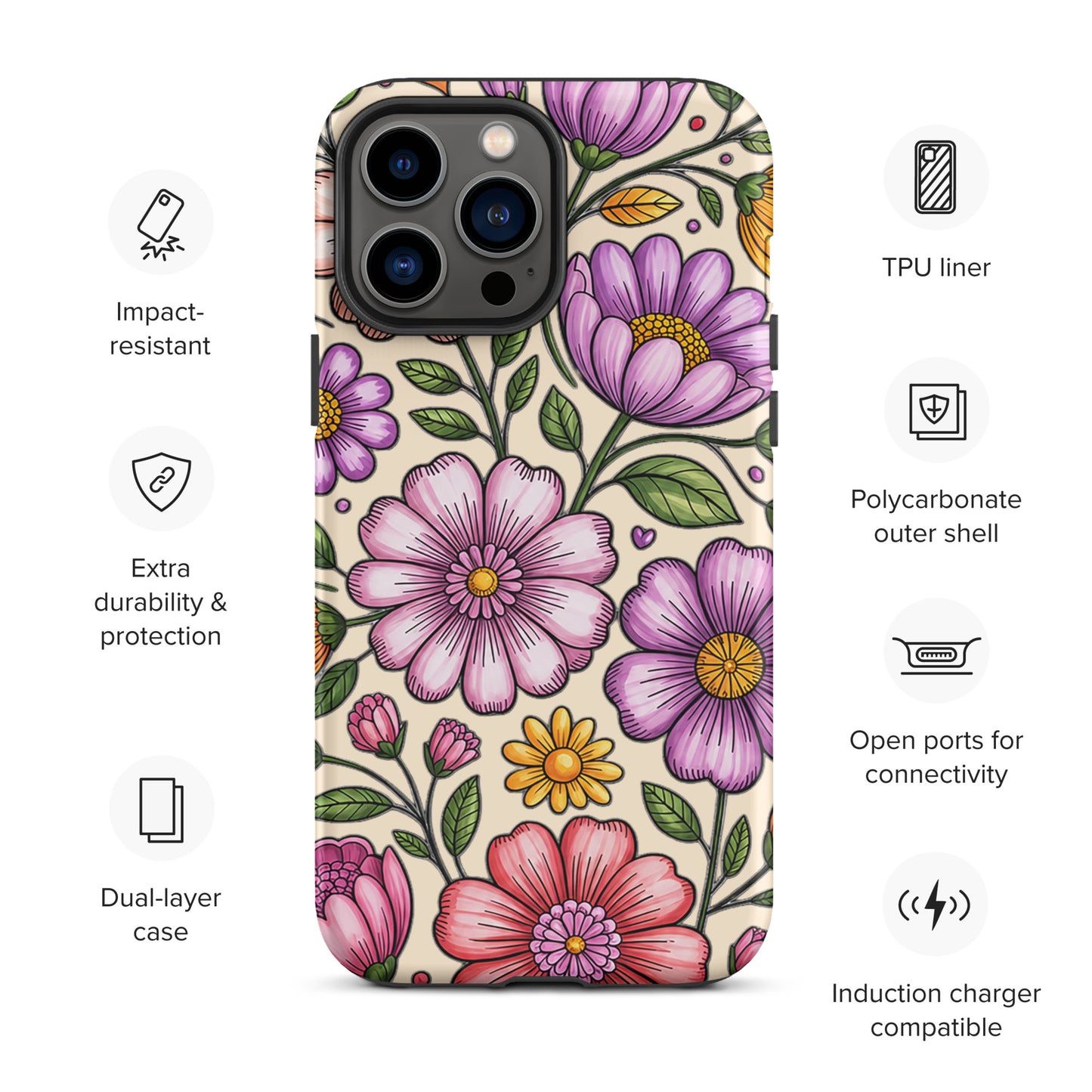 Phone Case for iPhone with pastel floral design showcasing dual-layer protection and impact resistance.