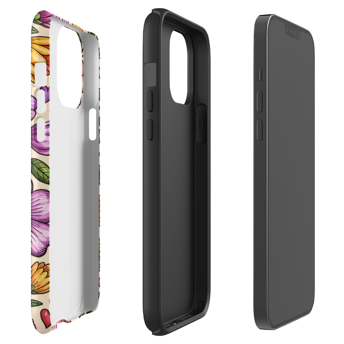 Phone Case for iPhone with pastel floral design and dual-layer construction for impact resistance, showcasing interior and side views.