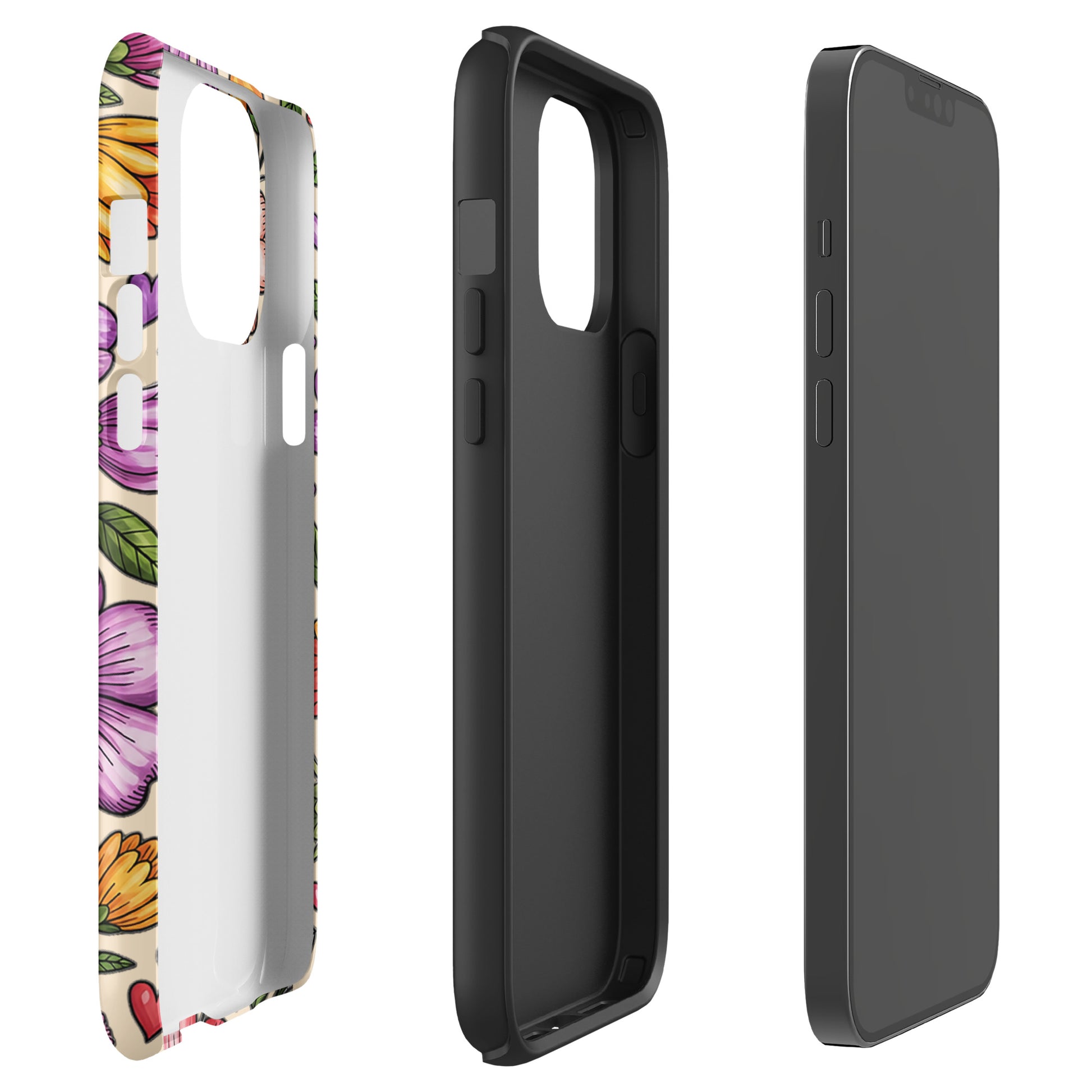 Phone Case for iPhone with pastel floral design and dual-layer construction for impact resistance, showcasing interior and side views.