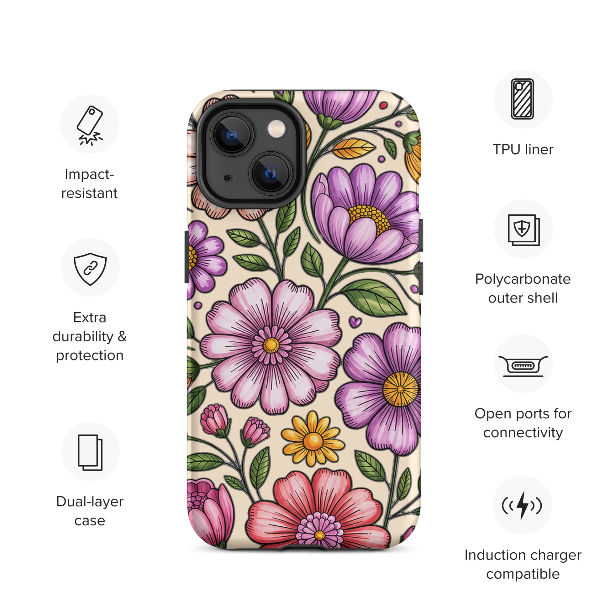 Phone Case for iPhone with pastel floral design, impact-resistant polycarbonate shell, dual-layer protection, and connectivity ports.