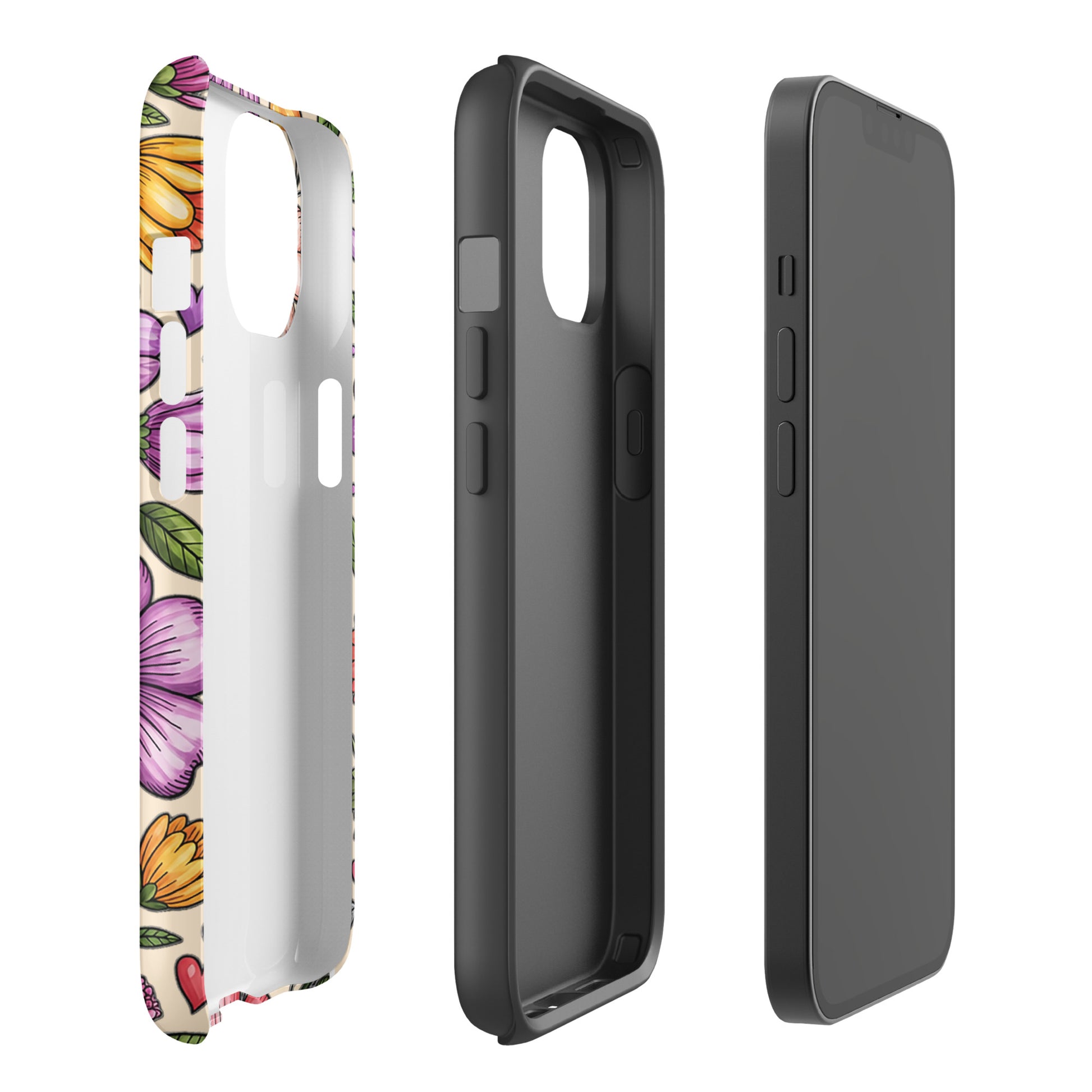 Phone Case for iPhone with pastel floral design, showcasing dual-layer protection in soft pink, peach, lavender, and yellow hues.