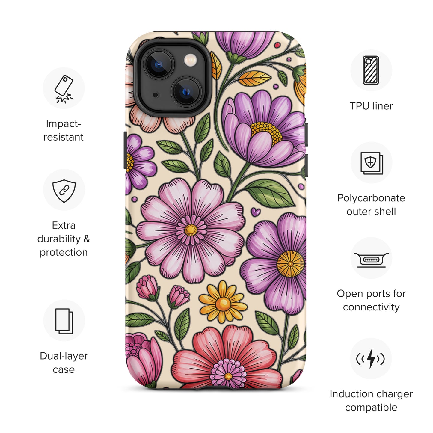 Phone Case for iPhone with pastel floral design, featuring durable dual-layer construction and impact resistance.