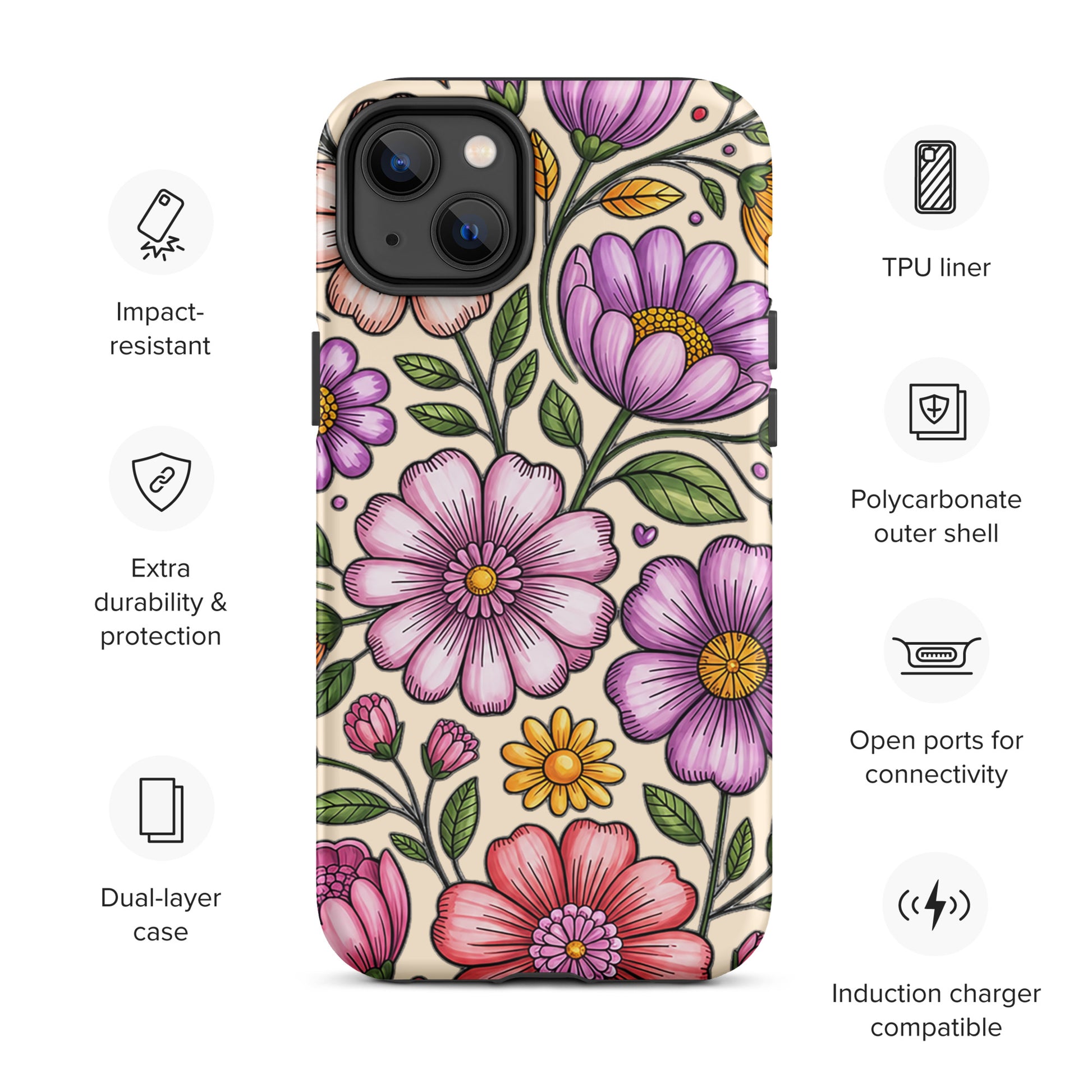 Phone Case for iPhone with pastel floral design, featuring durable dual-layer construction and impact resistance.