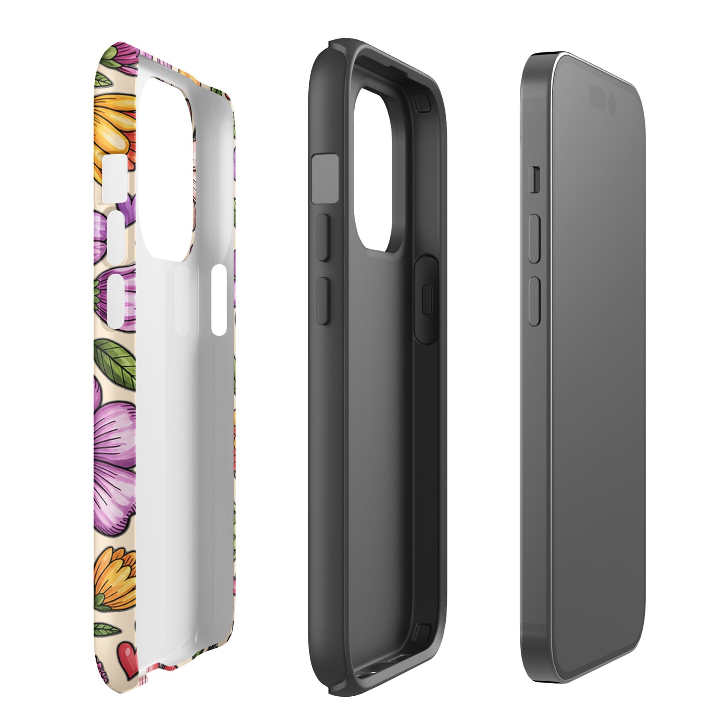 Phone Case for iPhone with pastel floral design and dual-layer construction for impact resistance.