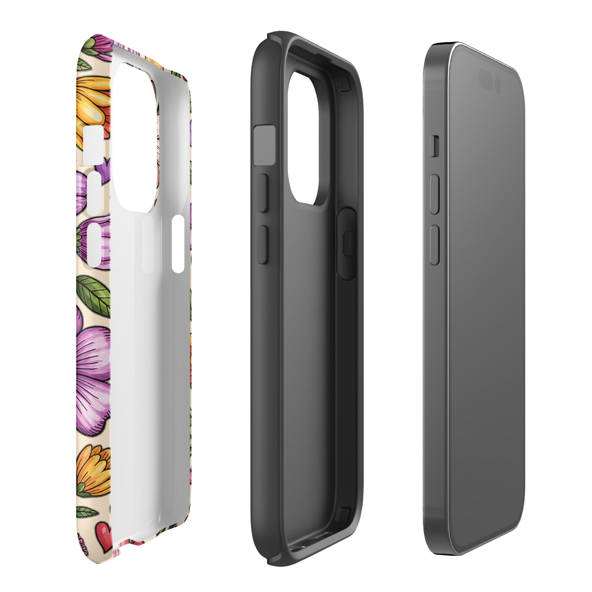 Phone Case for iPhone with pastel floral design and dual-layer construction for impact resistance.