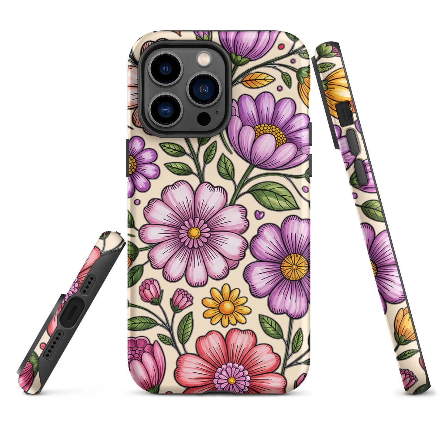 Phone Case for iPhone with pastel floral design and dual-layer protection.