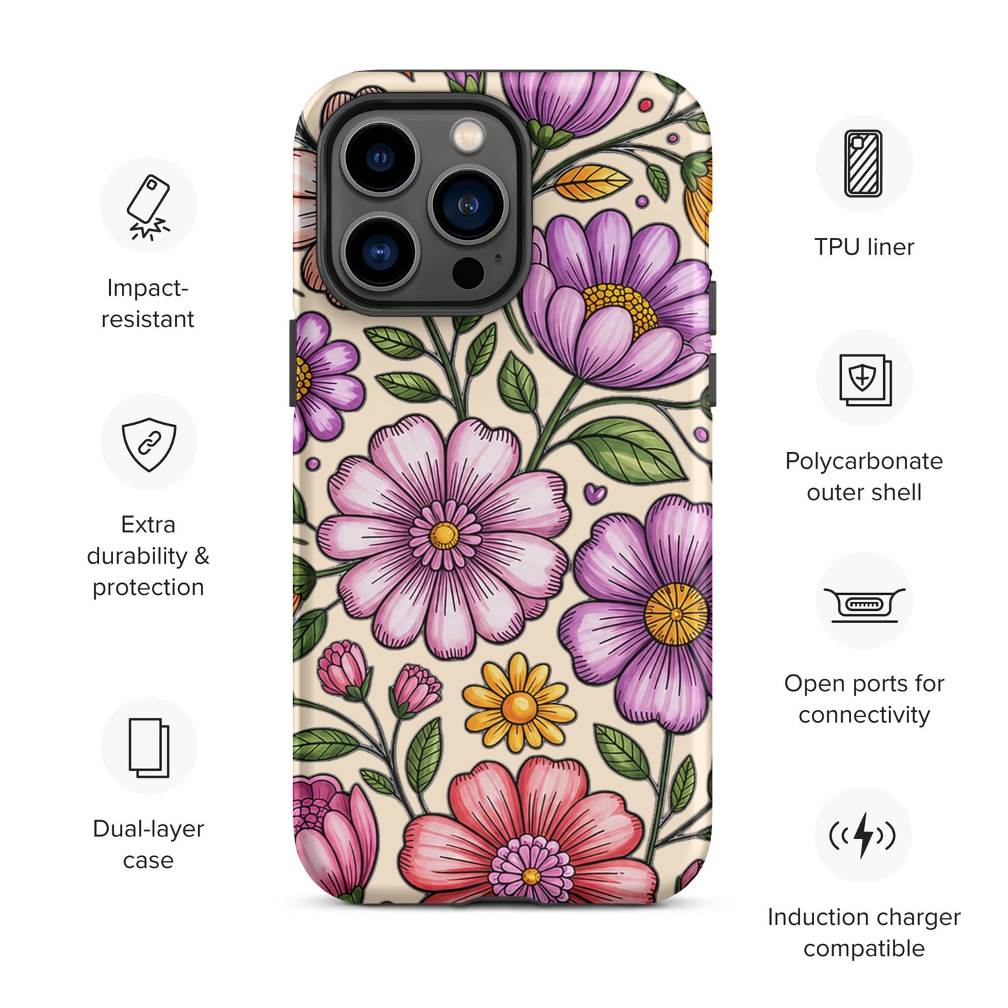 Phone Case for iPhone with pastel floral design featuring pink, peach, lavender, and yellow flowers on durable protective shell.