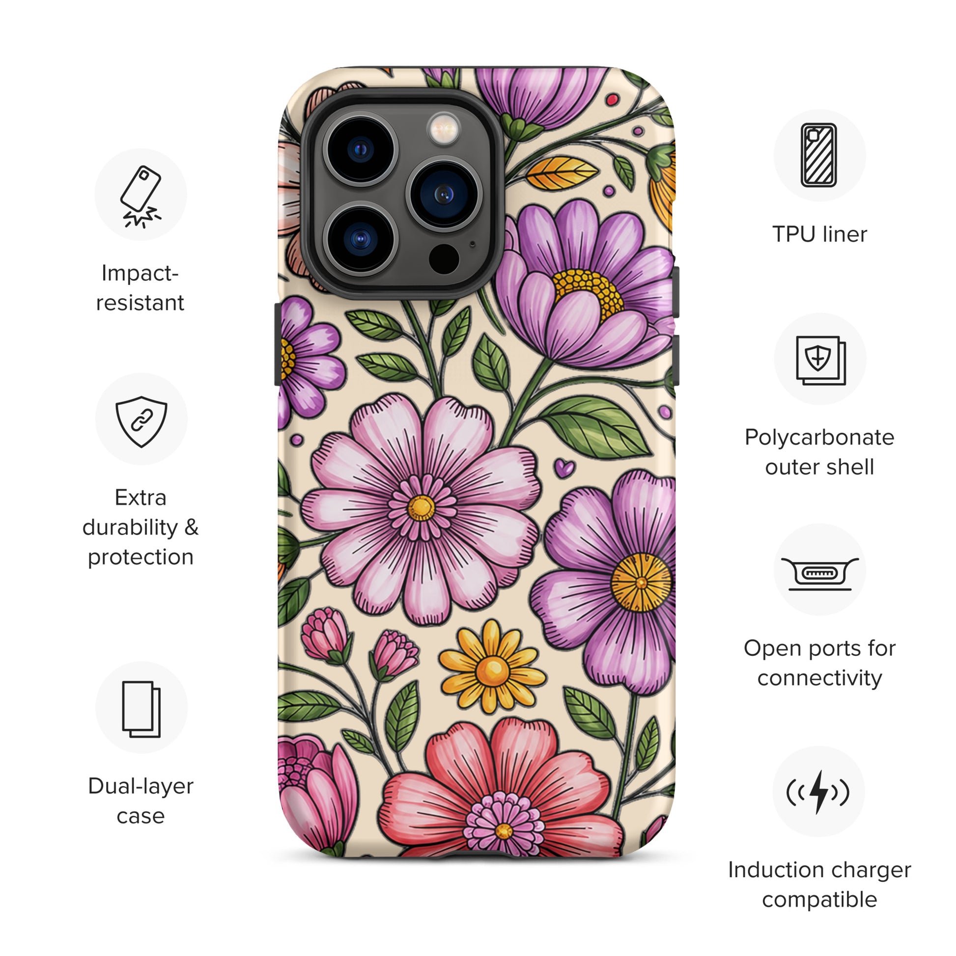 Phone Case for iPhone with pastel floral design featuring pink, peach, lavender, and yellow flowers on durable protective shell.