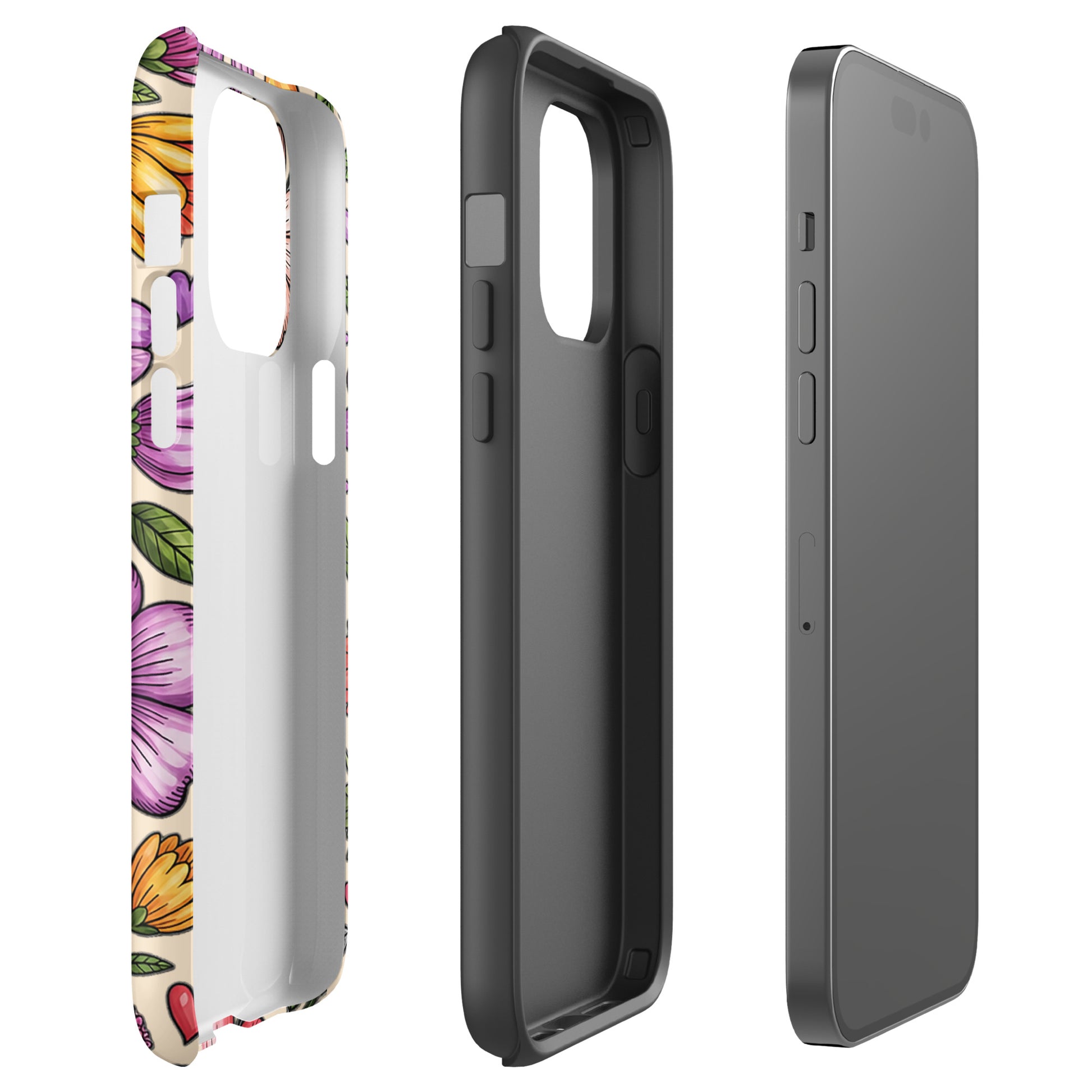 Phone Case for iPhone with pastel floral design in pinks, peaches, lavenders, and yellows, showcasing dual-layer construction.
