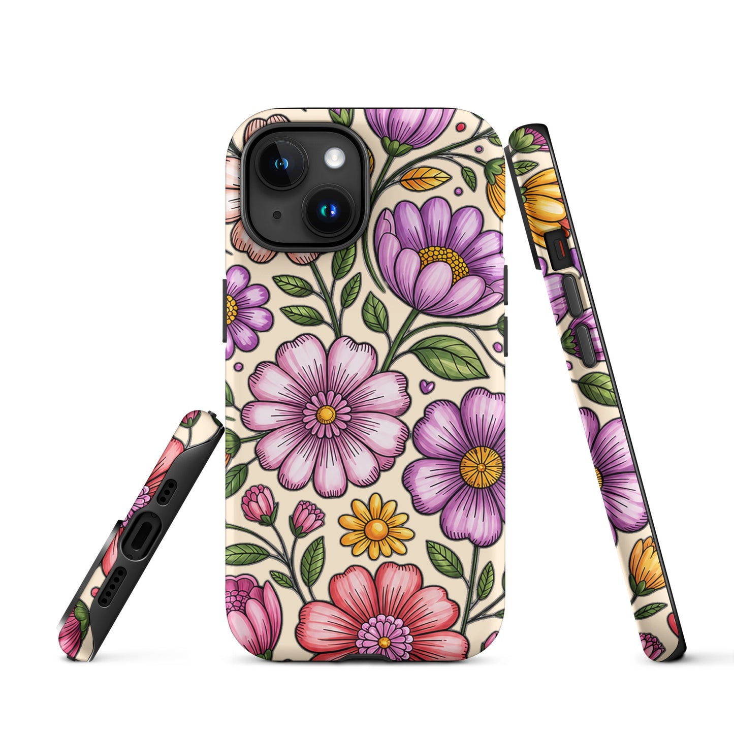 Phone Case for iPhone with pastel floral design featuring pink, peach, lavender, and yellow flowers on a durable shell.