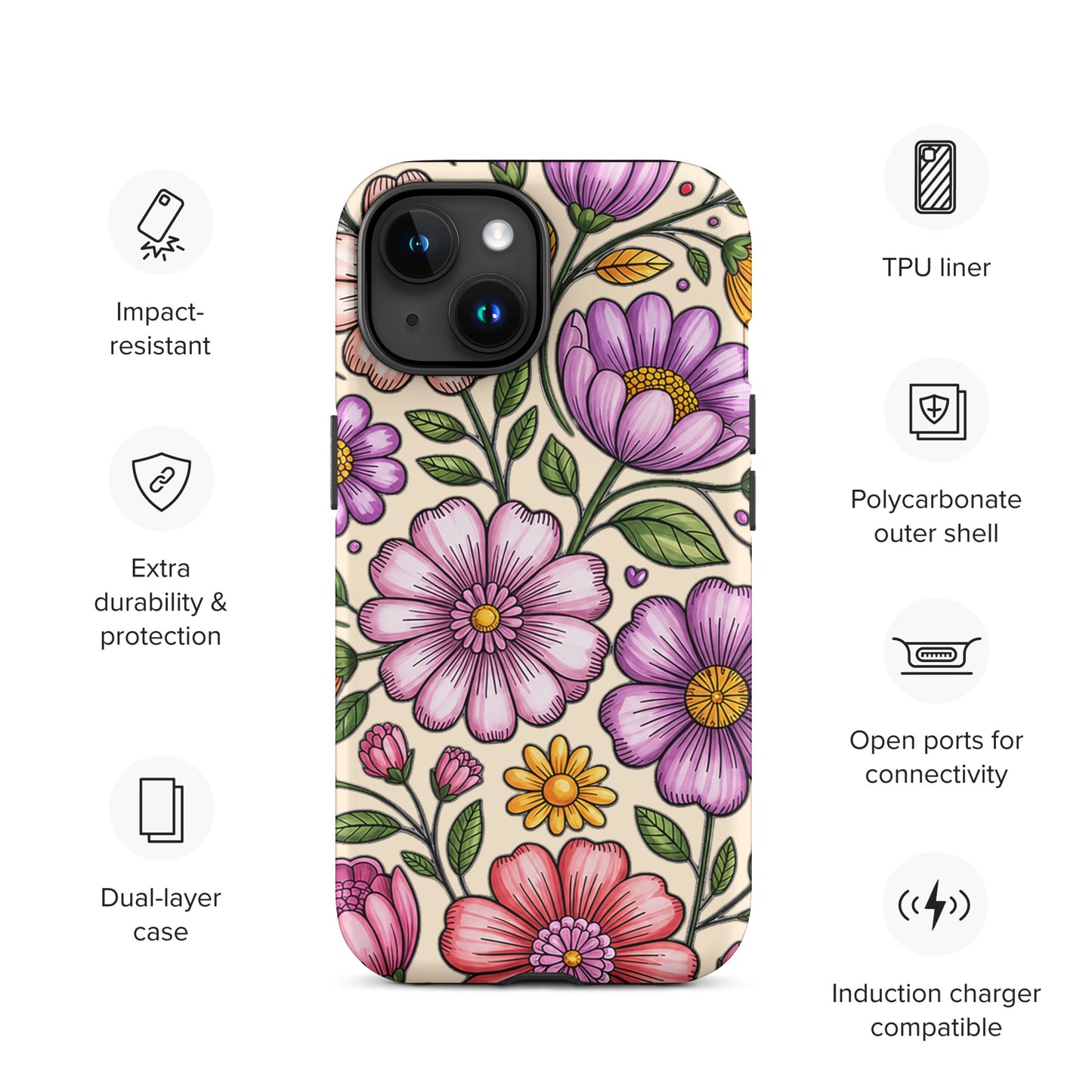 Phone Case for iPhone with pastel floral design featuring pink, peach, lavender, and yellow flowers; impact-resistant and dual-layer protection.