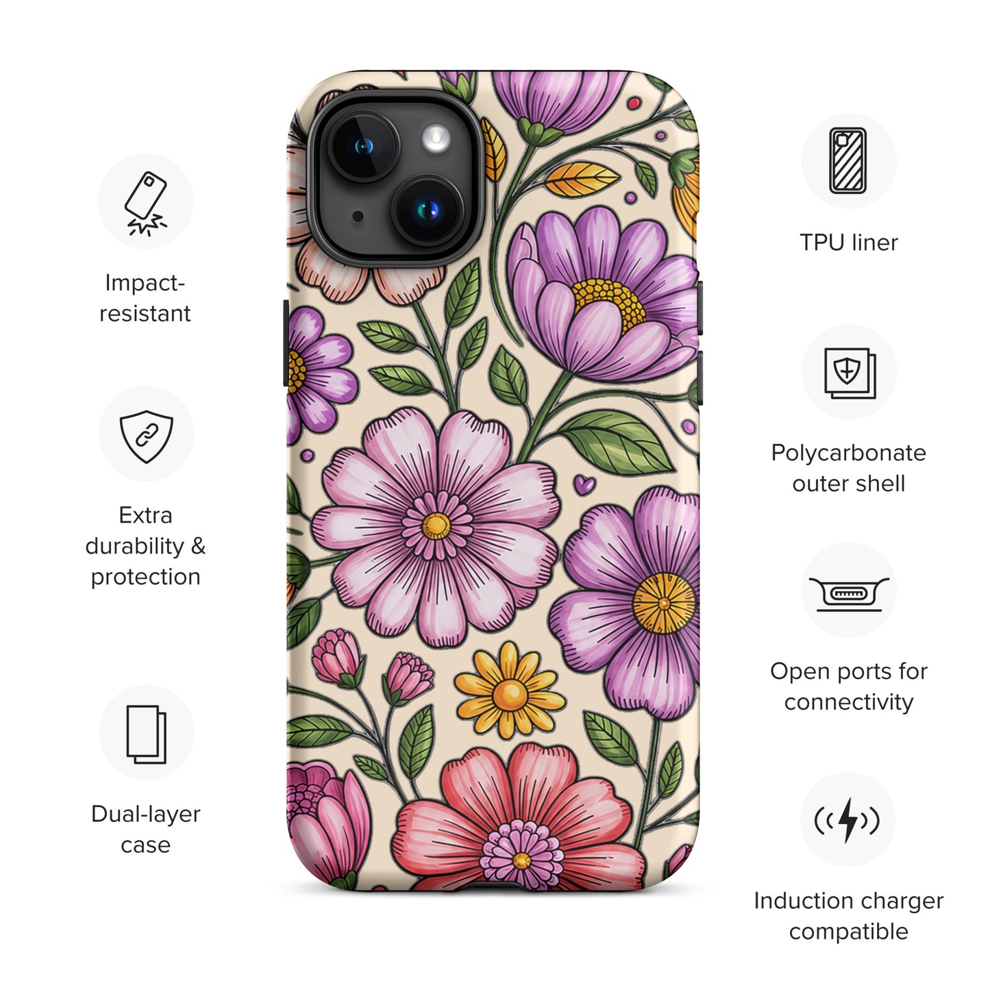 Phone Case for iPhone with pastel floral design, showcasing impact resistance and dual-layer protection features, perfect for style and safety.