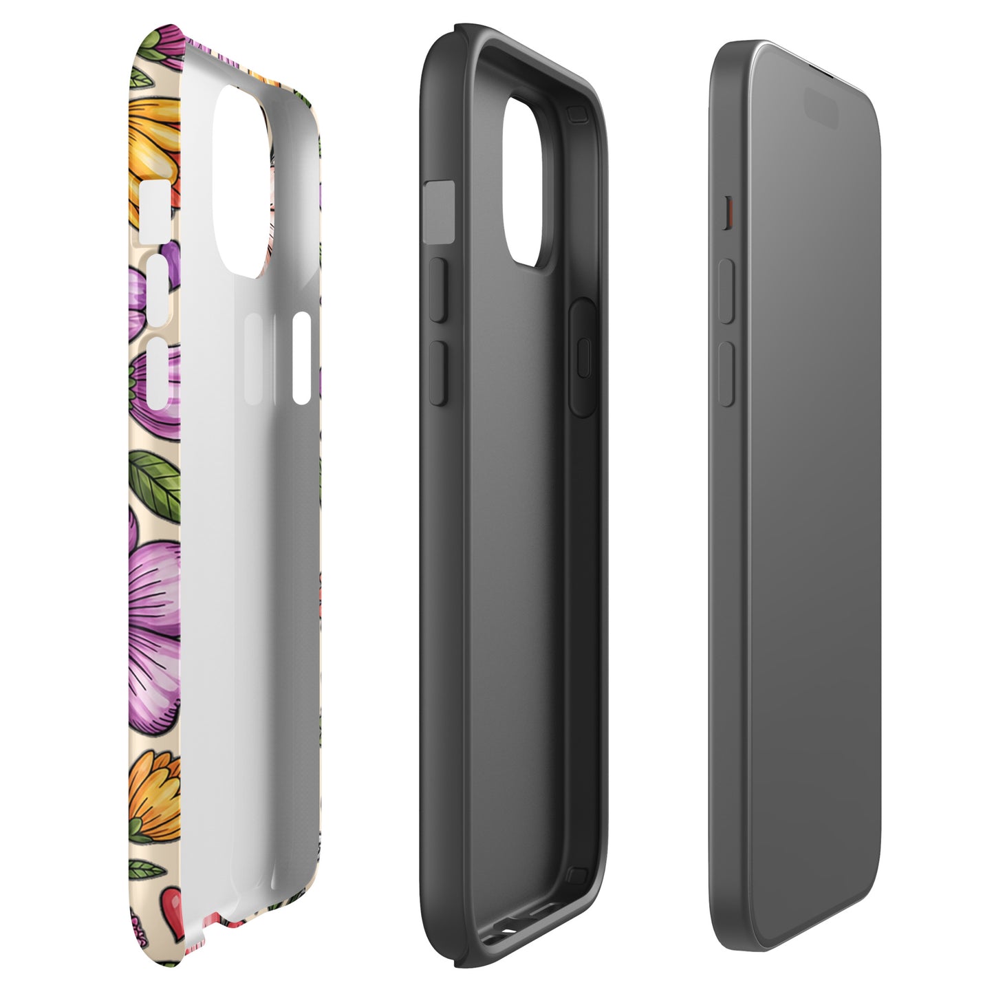 Phone Case for iPhone with pastel floral design showcasing front, back, and side views, highlighting durable construction.