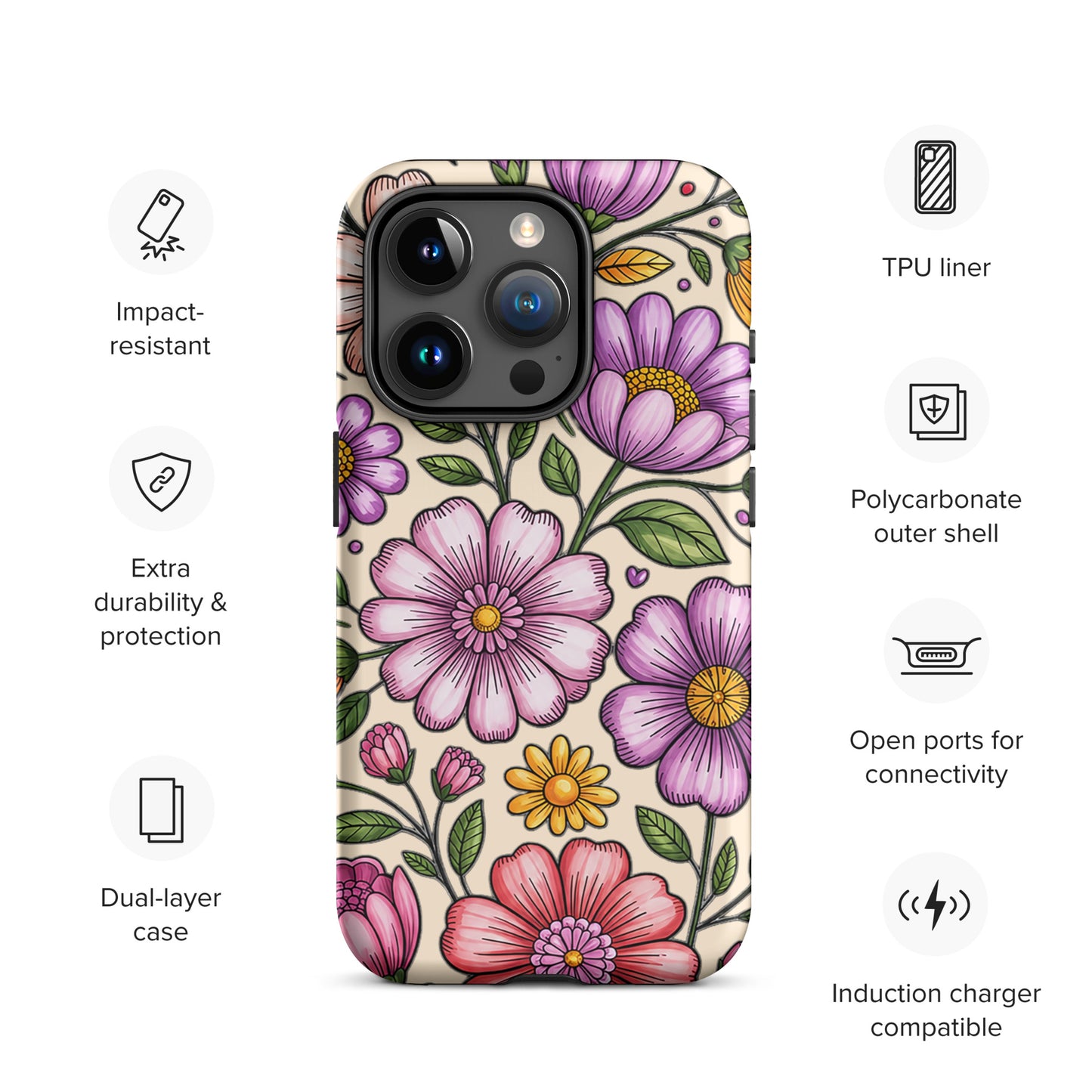 Phone Case for iPhone with pastel floral design, featuring impact-resistant polycarbonate shell and dual-layer protection.