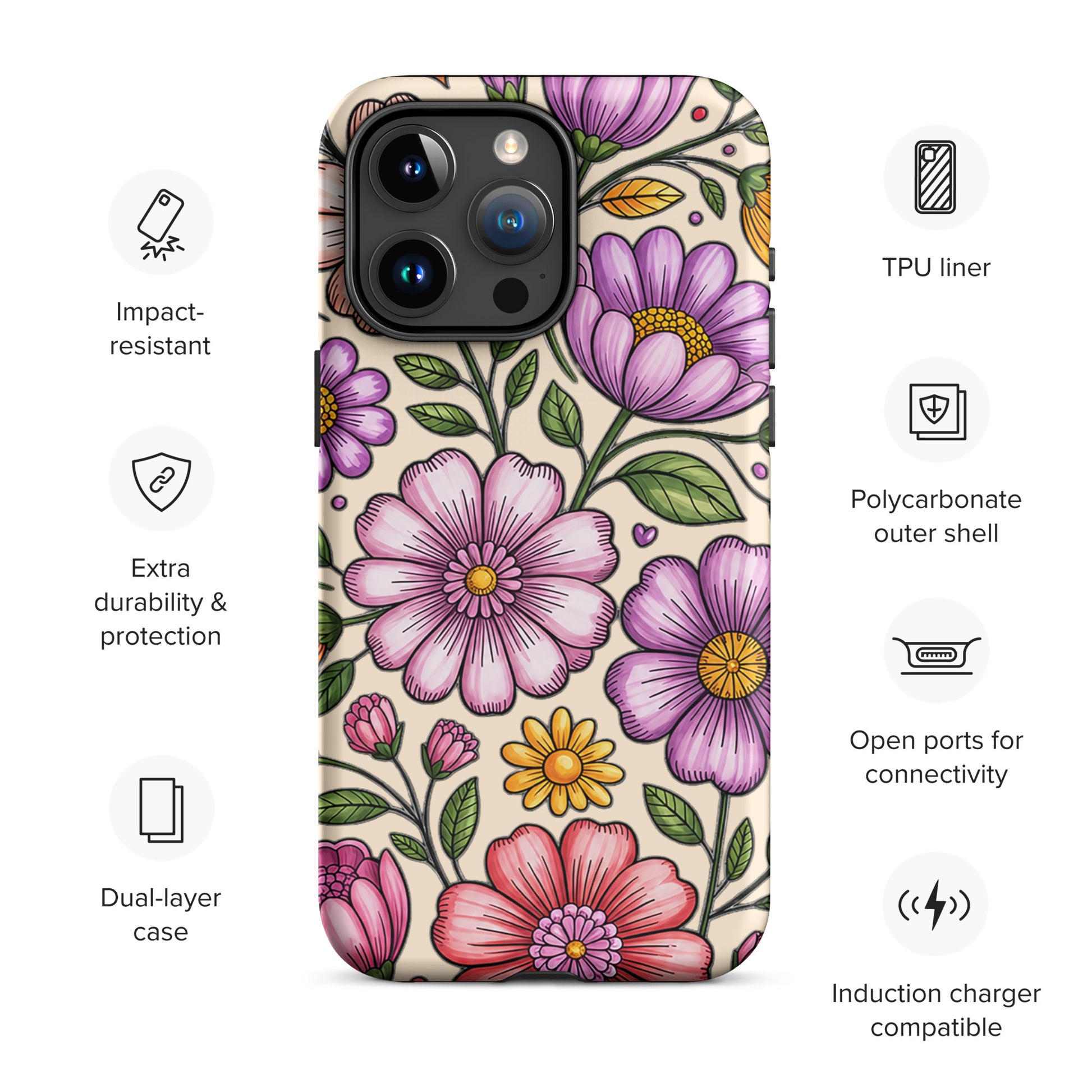 Phone Case for iPhone with pastel floral design, featuring soft pink, peach, lavender, and yellow flowers on a durable, protective shell.