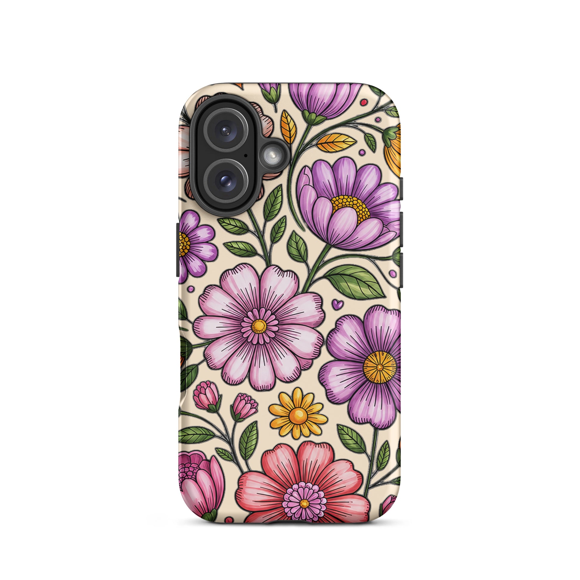 Phone Case for iPhone with pastel floral design, featuring soft pinks, peaches, lavenders, and yellows on polycarbonate shell.