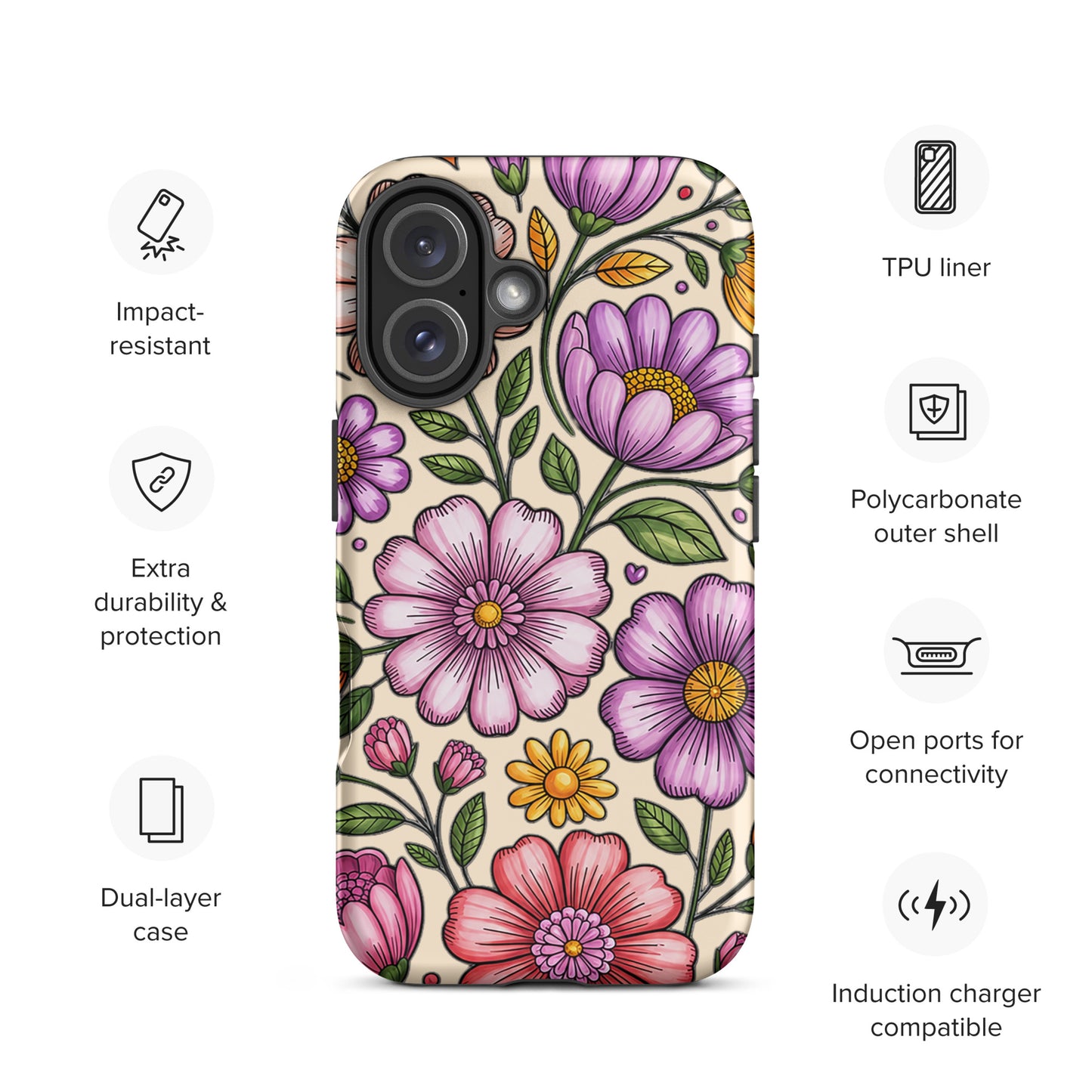 Phone Case for iPhone with pastel floral design, featuring impact-resistant dual-layer protection and polycarbonate shell.