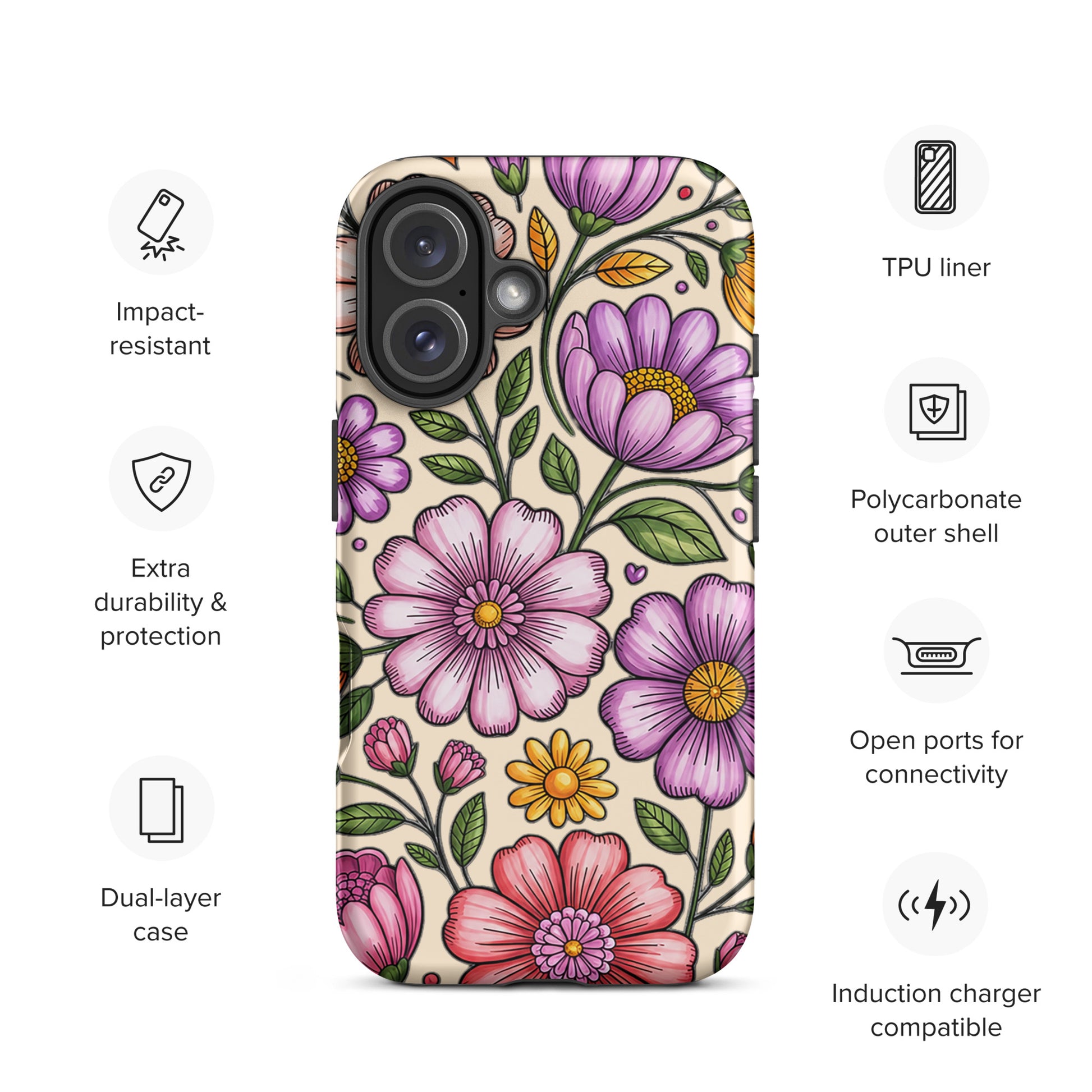 Phone Case for iPhone with pastel floral design, featuring impact-resistant dual-layer protection and polycarbonate shell.