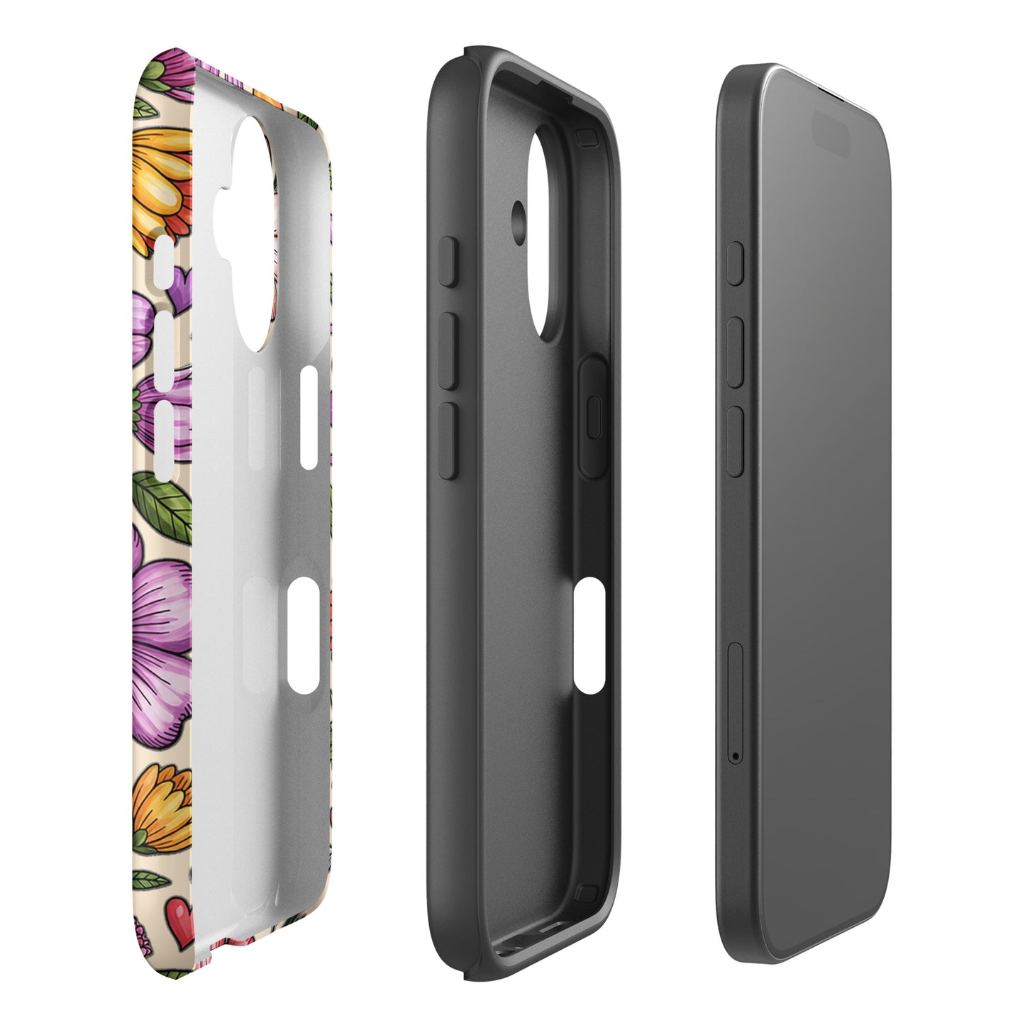 Phone Case for iPhone with pastel floral design showcasing dual-layer construction and impact resistance.