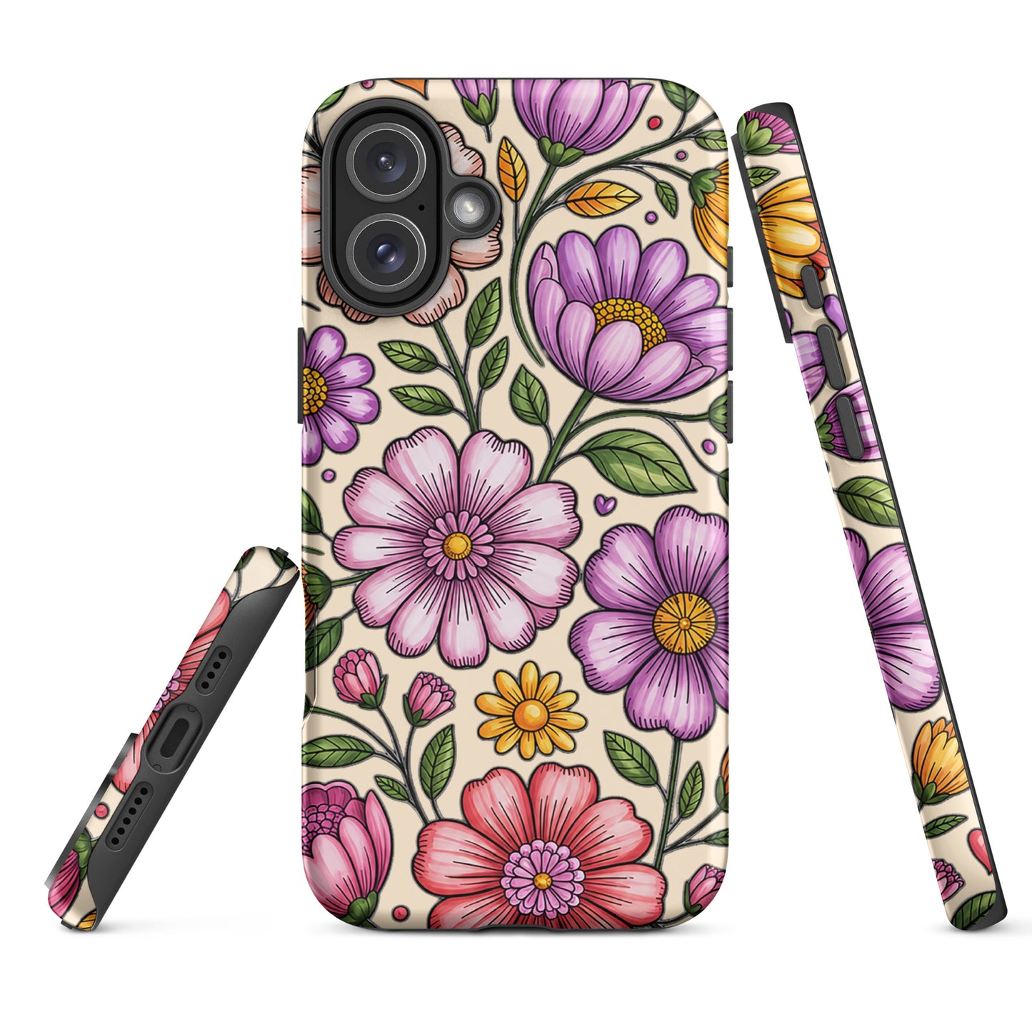 Phone Case for iPhone featuring pastel floral design with pinks, purples, and yellows on a protective polycarbonate shell.