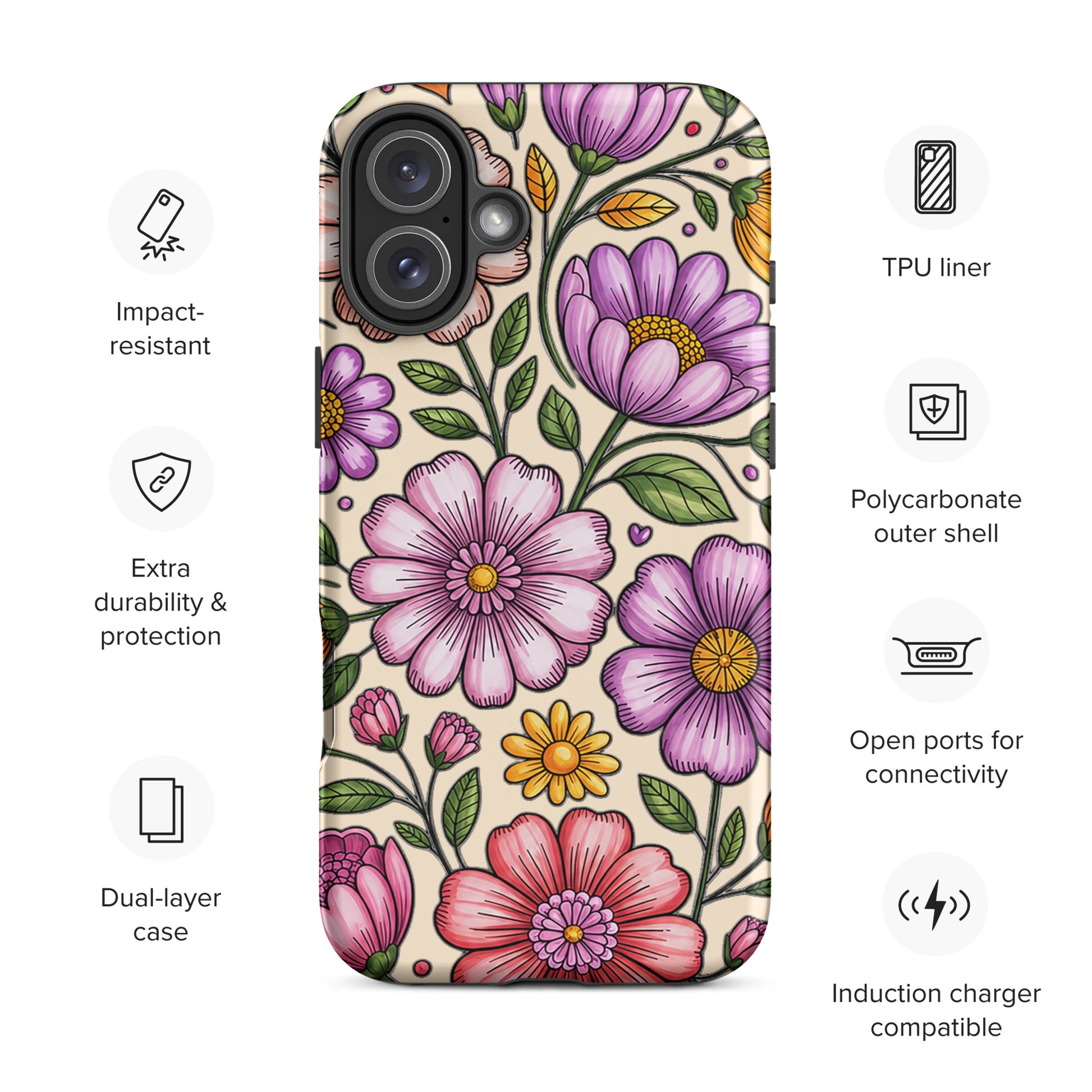 Phone Case for iPhone with pastel floral design, featuring impact-resistant dual-layer construction, TPU liner, and polycarbonate shell.