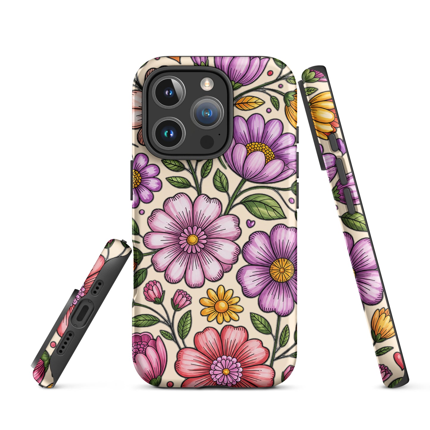 Phone Case for iPhone with pastel floral design, showcasing soft pinks, peaches, lavenders, and yellows on a protective shell