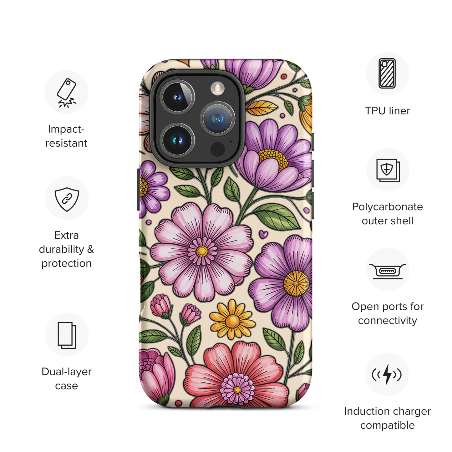 Phone Case for iPhone with pastel floral design, featuring impact-resistant polycarbonate shell, open ports, dual-layer for protection.