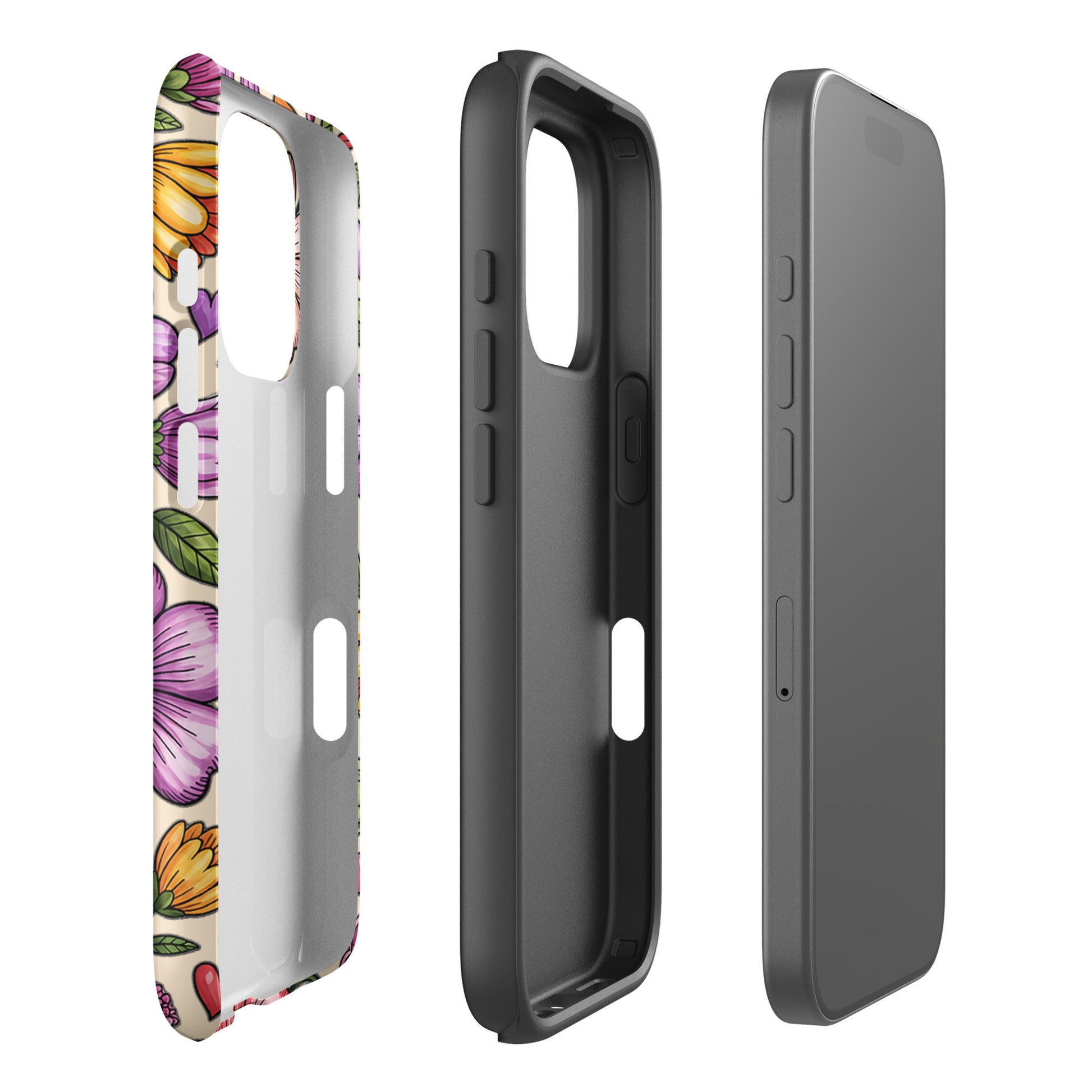 Phone Case for iPhone with pastel floral design, showcasing polycarbonate outer shell and dual-layer protection.