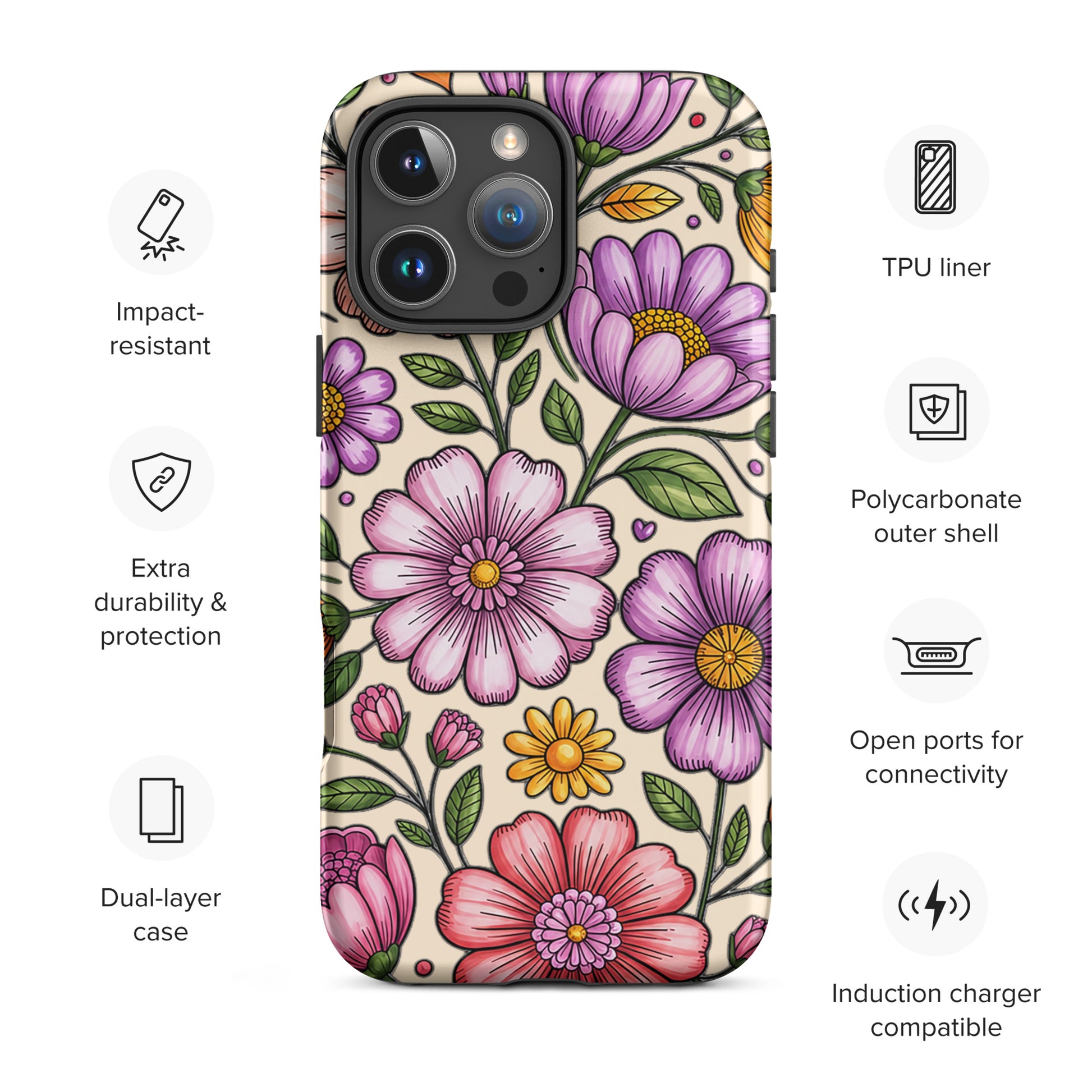 Phone Case for iPhone with pastel floral design, featuring pink and purple flowers, and protective dual-layer construction.